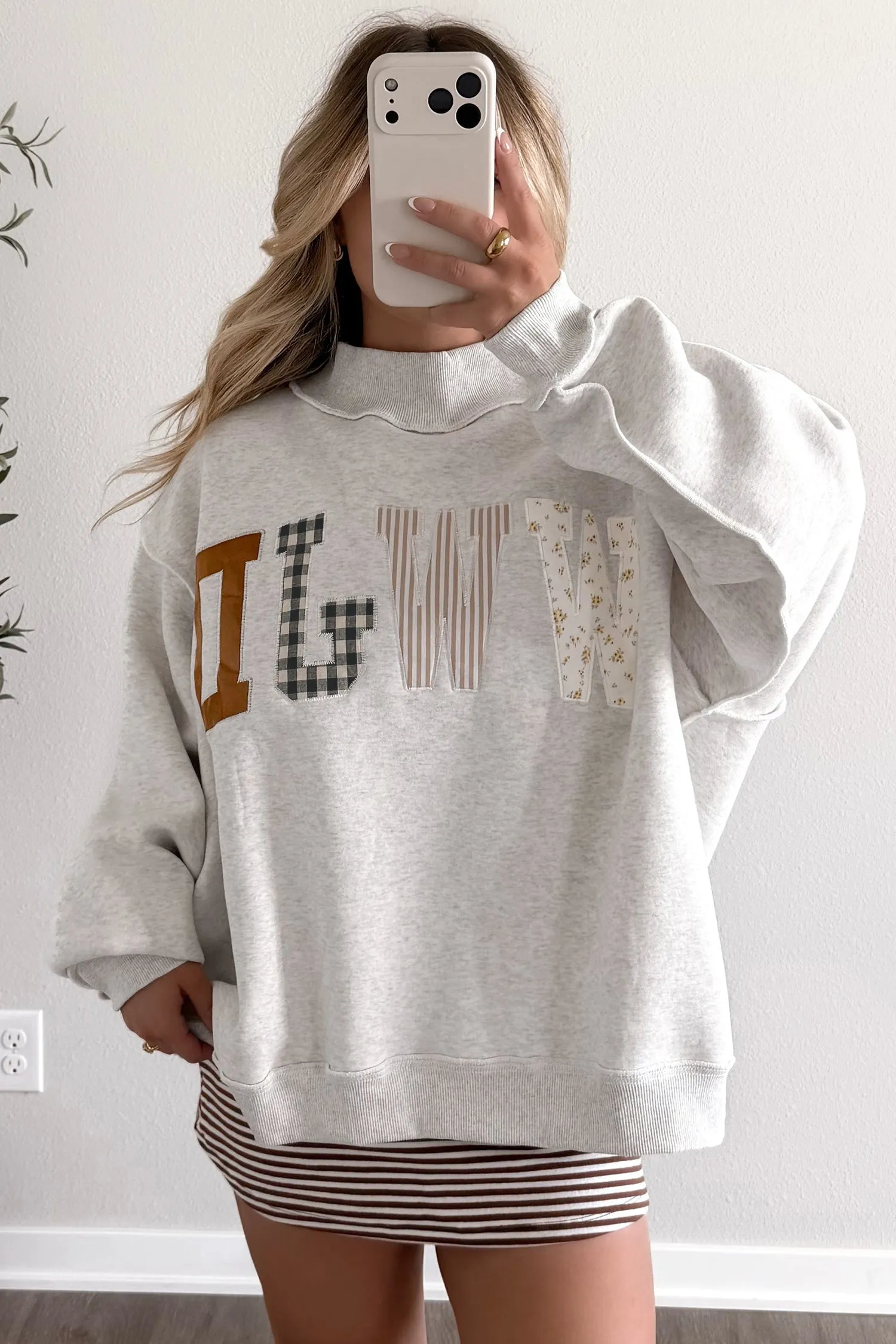 WWJD Mixed Pattern Embroidered Patch Graphic Mock Neck Sweatshirt – Grey sold by Beagle Boutique product image thumbnail 3