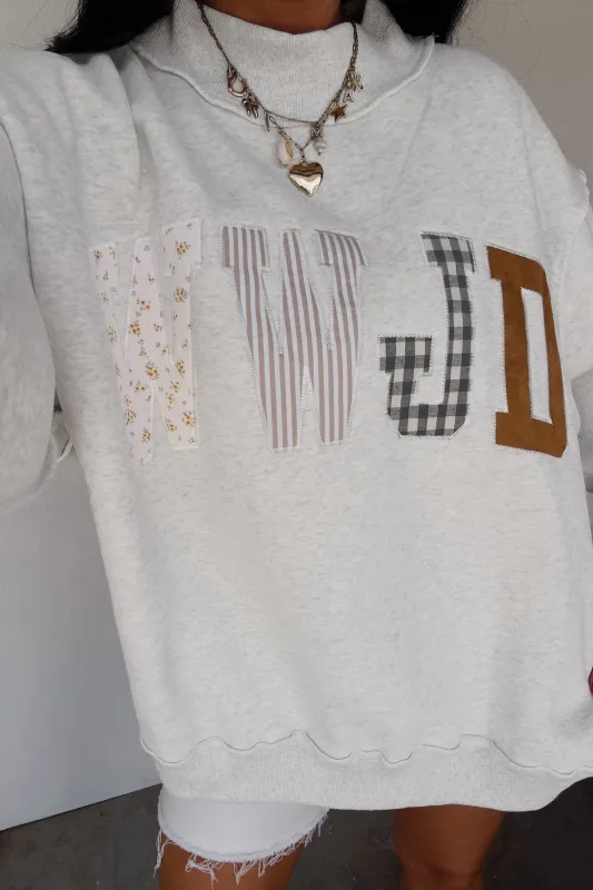 WWJD Mixed Pattern Embroidered Patch Graphic Mock Neck Sweatshirt – Grey made by Beagle Boutique