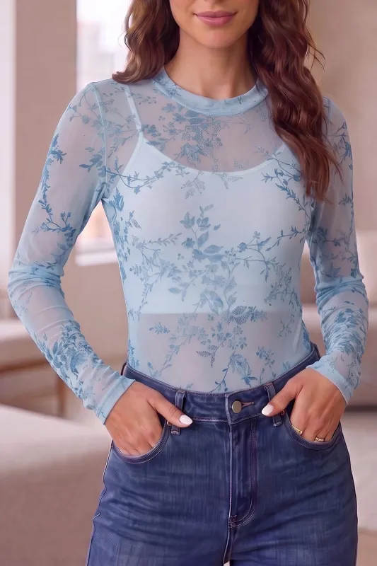 Sky Blue Sheer Mesh Floral Printed Mock Neck Long Sleeve Bodysuit – Light Blue made by Beagle Boutique
