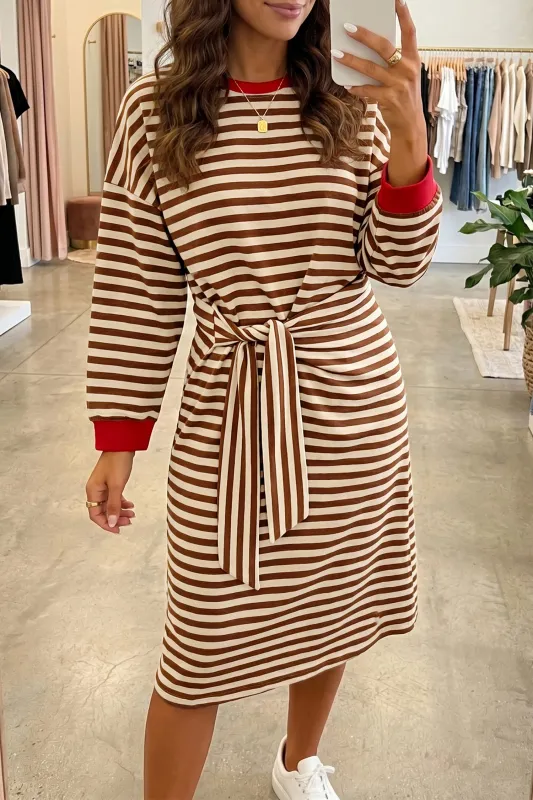 Striped Colourblock Cuffs Round Neck Long Sleeve Shift Dress – Brown Stripe made by Beagle Boutique