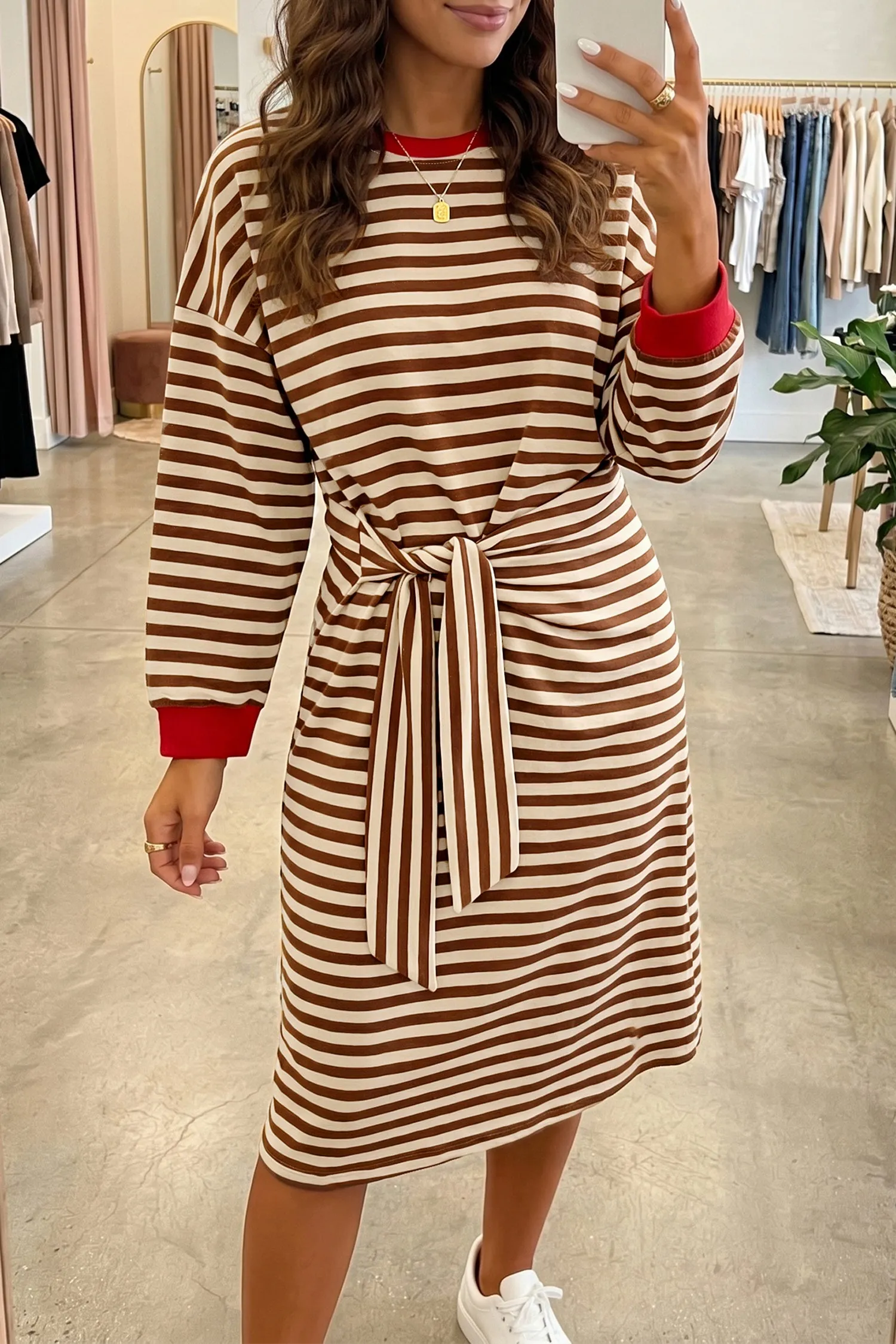 Striped Colourblock Cuffs Round Neck Long Sleeve Shift Dress – Brown Stripe sold by Beagle Boutique