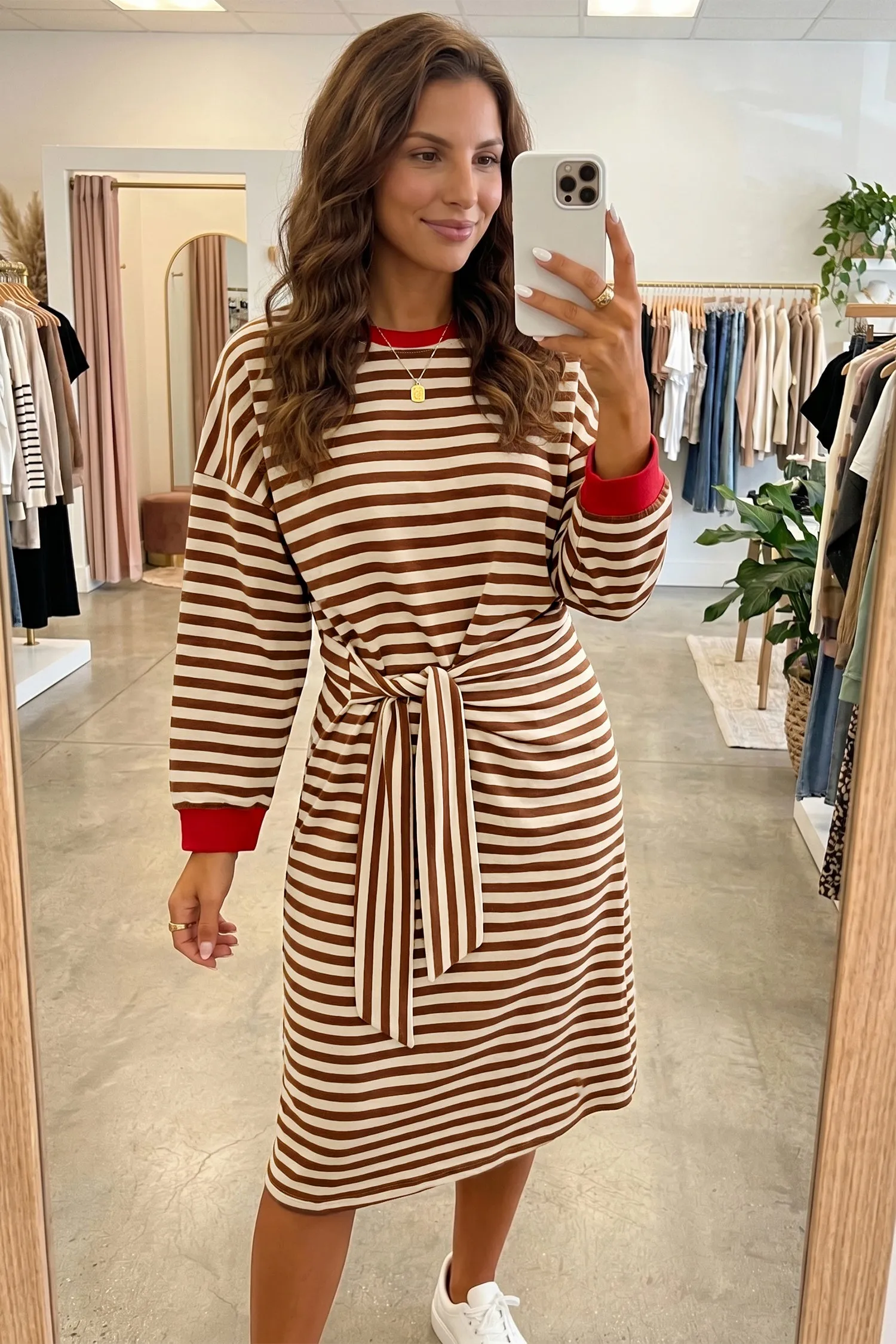 Striped Colourblock Cuffs Round Neck Long Sleeve Shift Dress – Brown Stripe sold by Beagle Boutique product image thumbnail 2