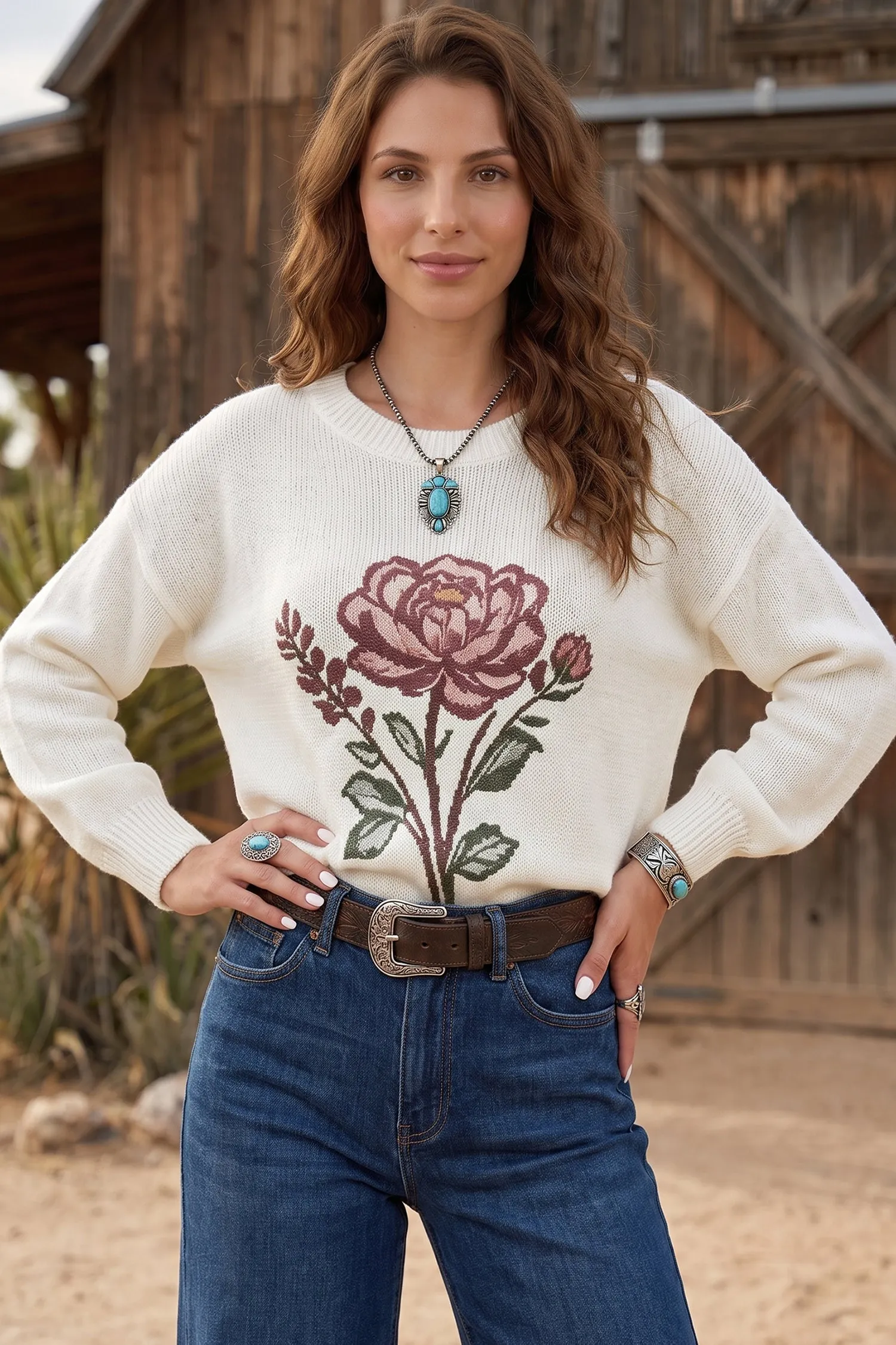 Western Floral Dropped Shoulder Lightweight Knit Sweater – White sold by Beagle Boutique product image thumbnail 2