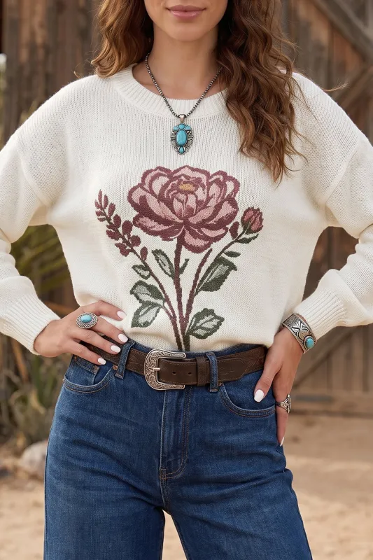 Western Floral Dropped Shoulder Lightweight Knit Sweater – White made by Beagle Boutique