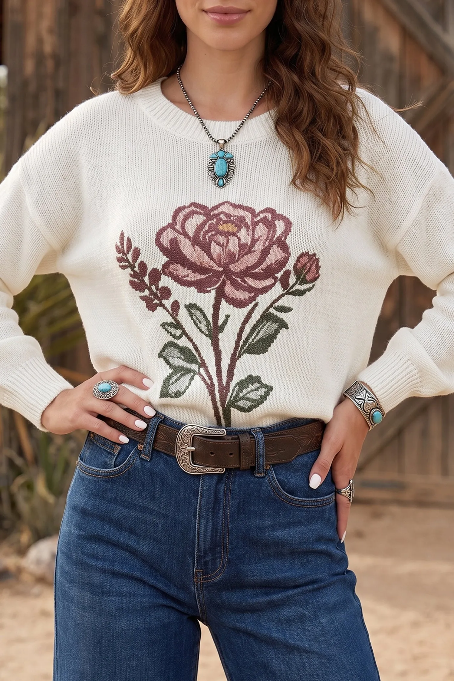 Western Floral Dropped Shoulder Lightweight Knit Sweater – White sold by Beagle Boutique