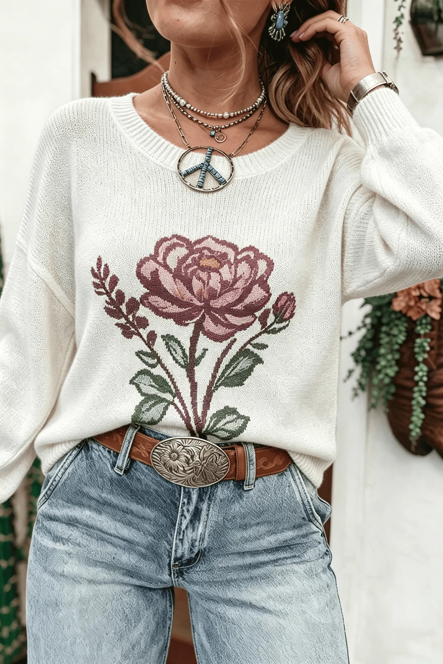 Western Floral Dropped Shoulder Lightweight Knit Sweater – White sold by Beagle Boutique product image thumbnail 5