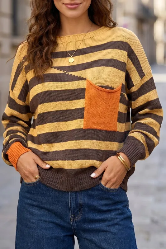 Striped Drop Shoulder Colourblock Pullover Sweater – Brown Stripe made by Beagle Boutique