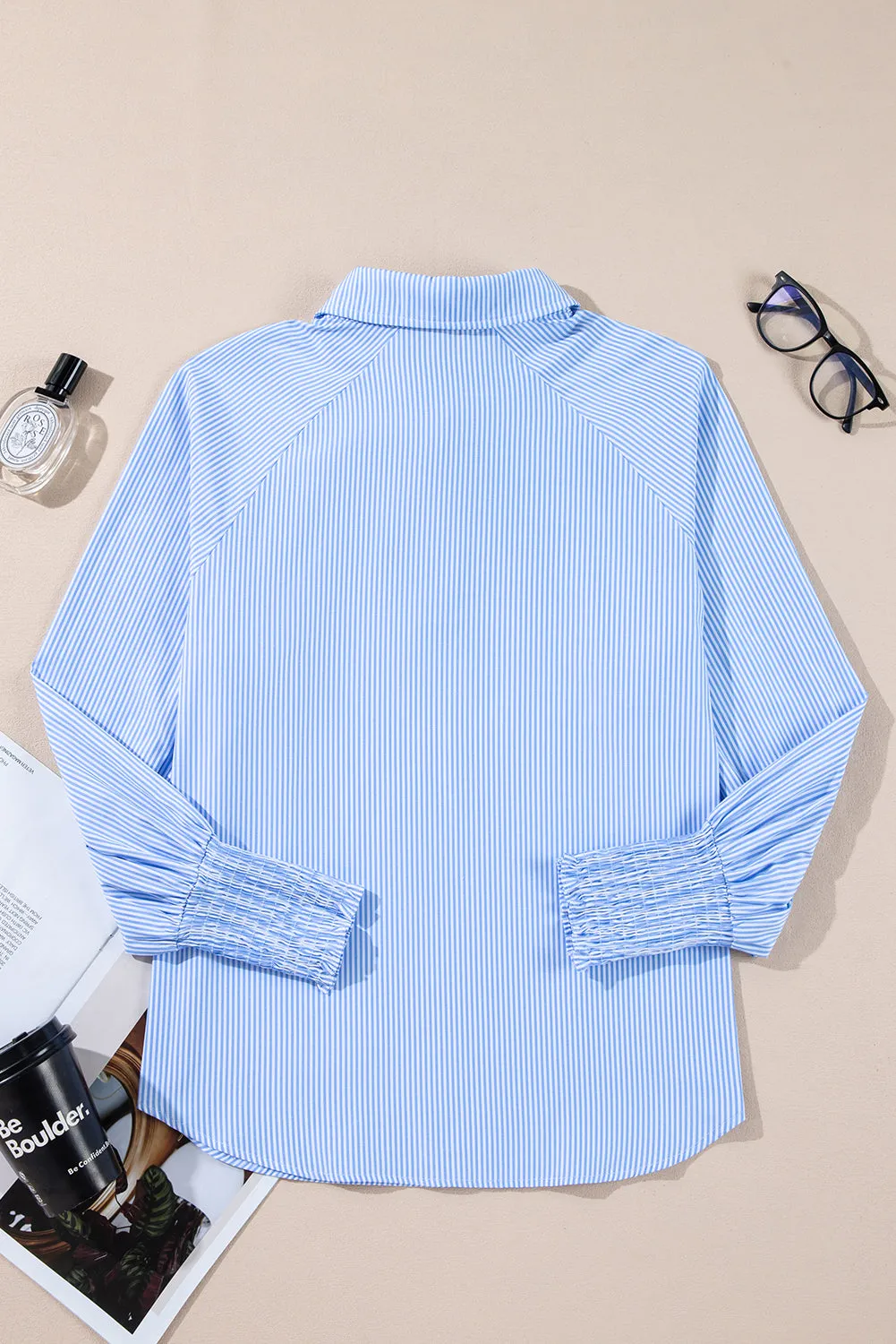Pinstripe Long Sleeve Smocked Cuffs Button Shirt Collar Blouse – Sky Blue Stripe sold by Beagle Boutique product image thumbnail 5