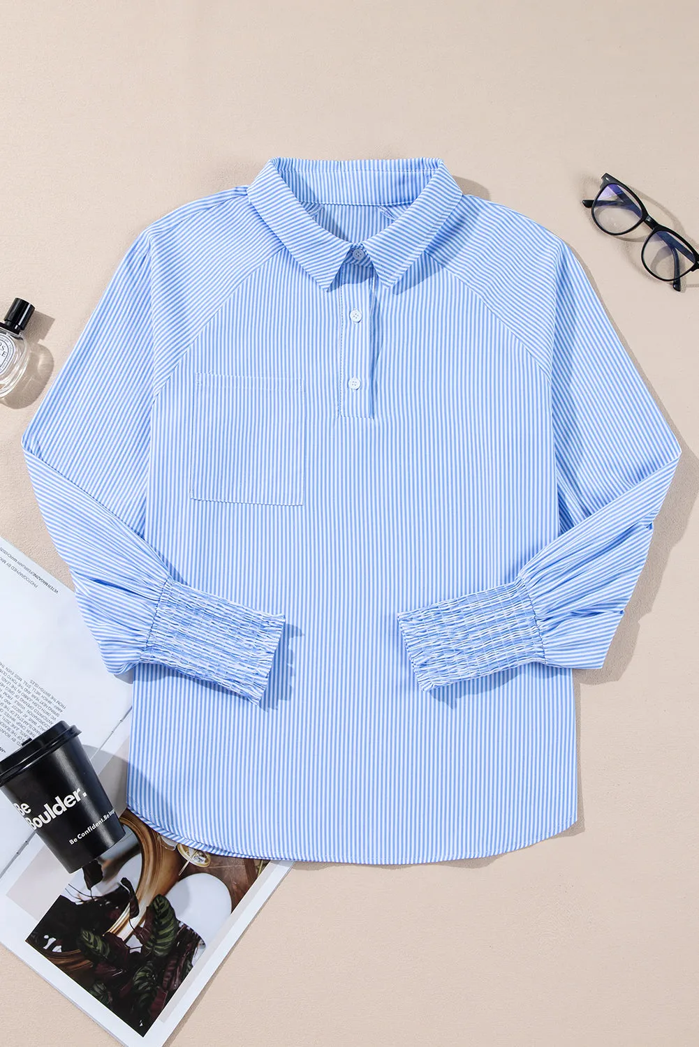 Pinstripe Long Sleeve Smocked Cuffs Button Shirt Collar Blouse – Sky Blue Stripe sold by Beagle Boutique product image thumbnail 4