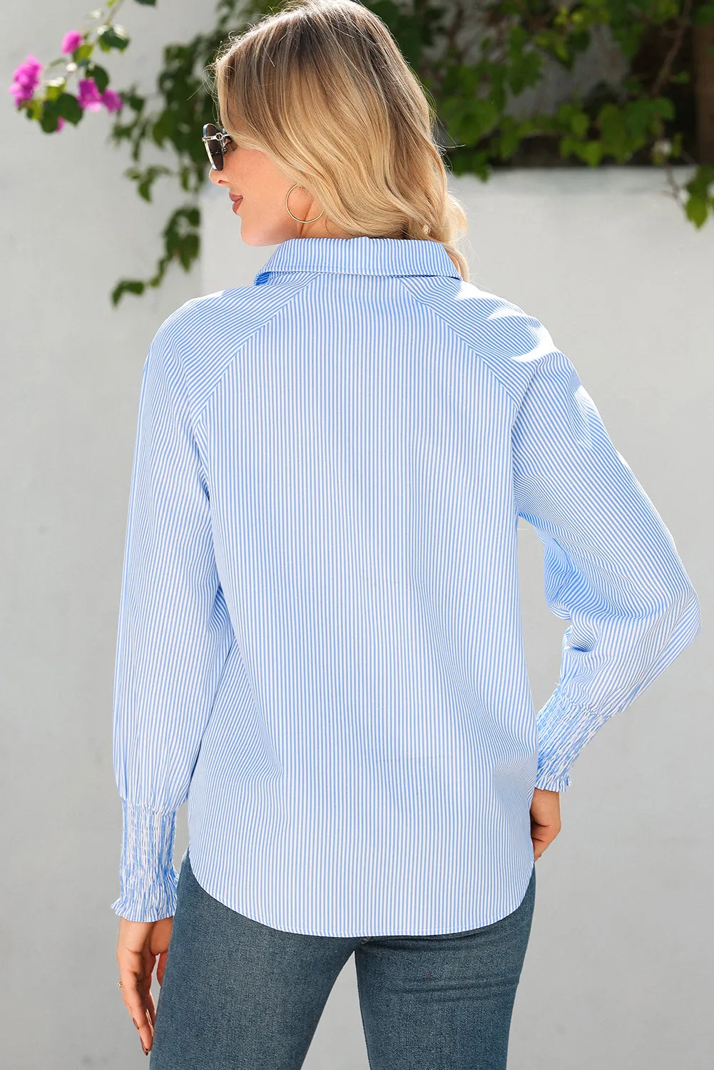 Pinstripe Long Sleeve Smocked Cuffs Button Shirt Collar Blouse – Sky Blue Stripe sold by Beagle Boutique product image thumbnail 2