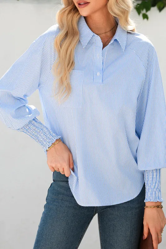 Pinstripe Long Sleeve Smocked Cuffs Button Shirt Collar Blouse – Sky Blue Stripe made by eAura
