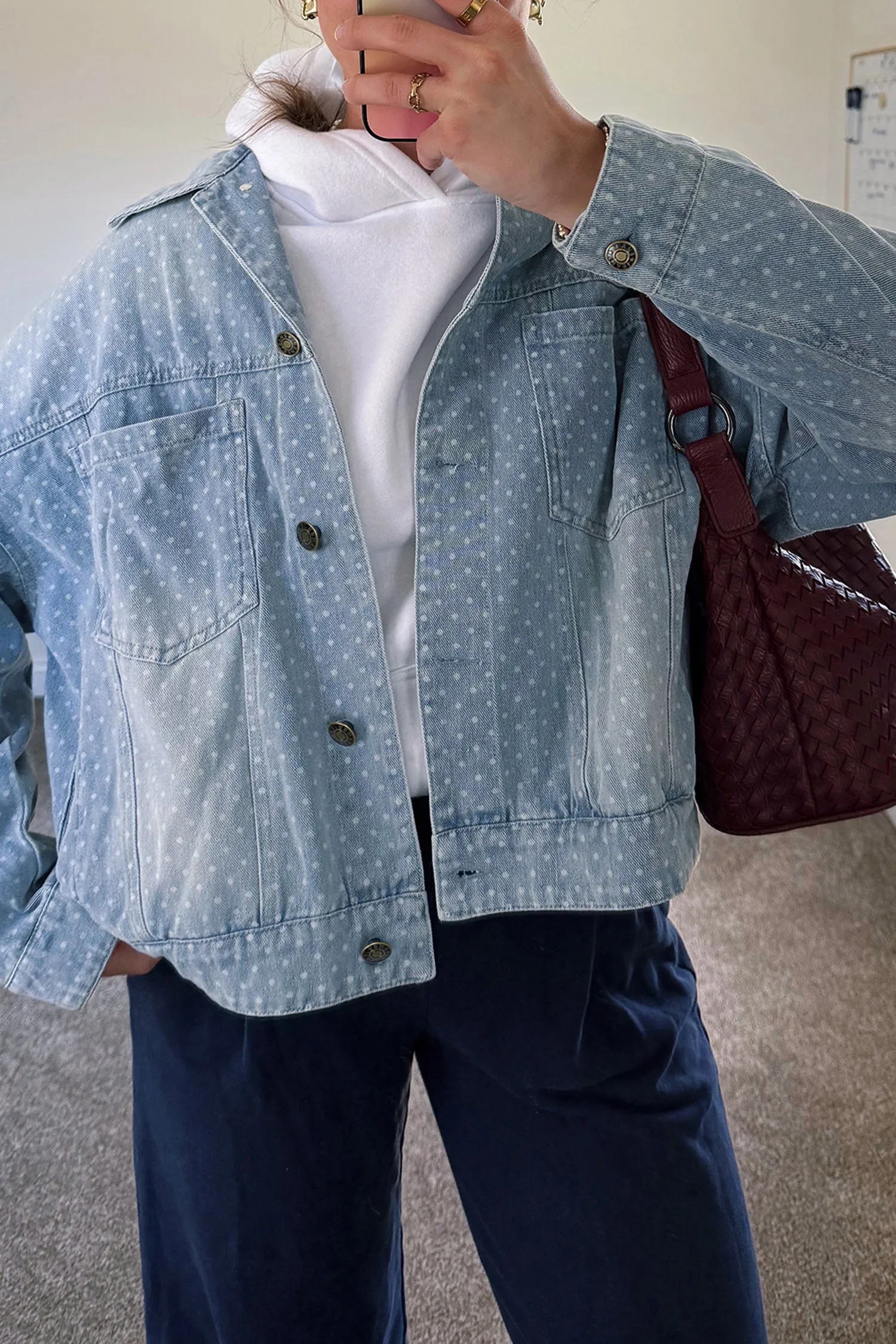 Sky Blue Polka Dot Long Sleeve Collar Pocket Casual Shift Silhouette Denim Jacket – Light Blue sold by Beagle Boutique product image thumbnail 3