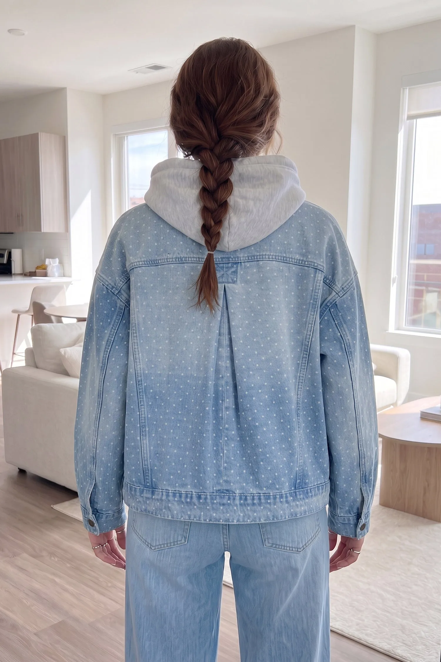 Sky Blue Polka Dot Long Sleeve Collar Pocket Casual Shift Silhouette Denim Jacket – Light Blue sold by Beagle Boutique product image thumbnail 2