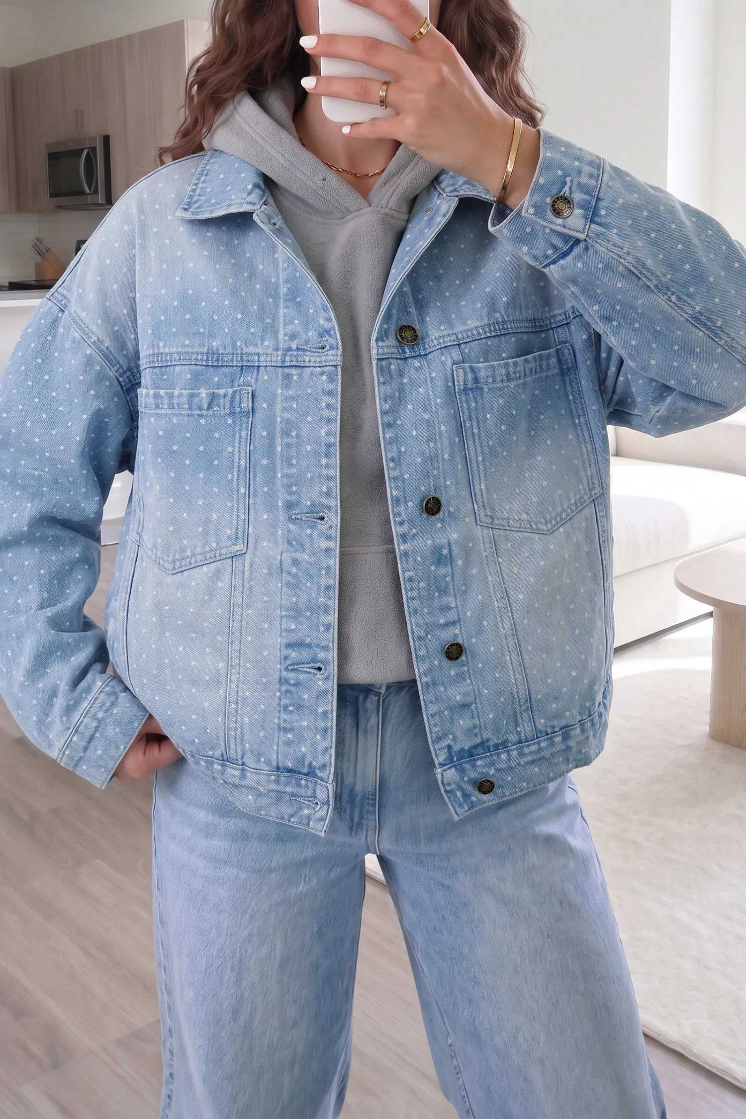 Sky Blue Polka Dot Long Sleeve Collar Pocket Casual Shift Silhouette Denim Jacket – Light Blue sold by Beagle Boutique