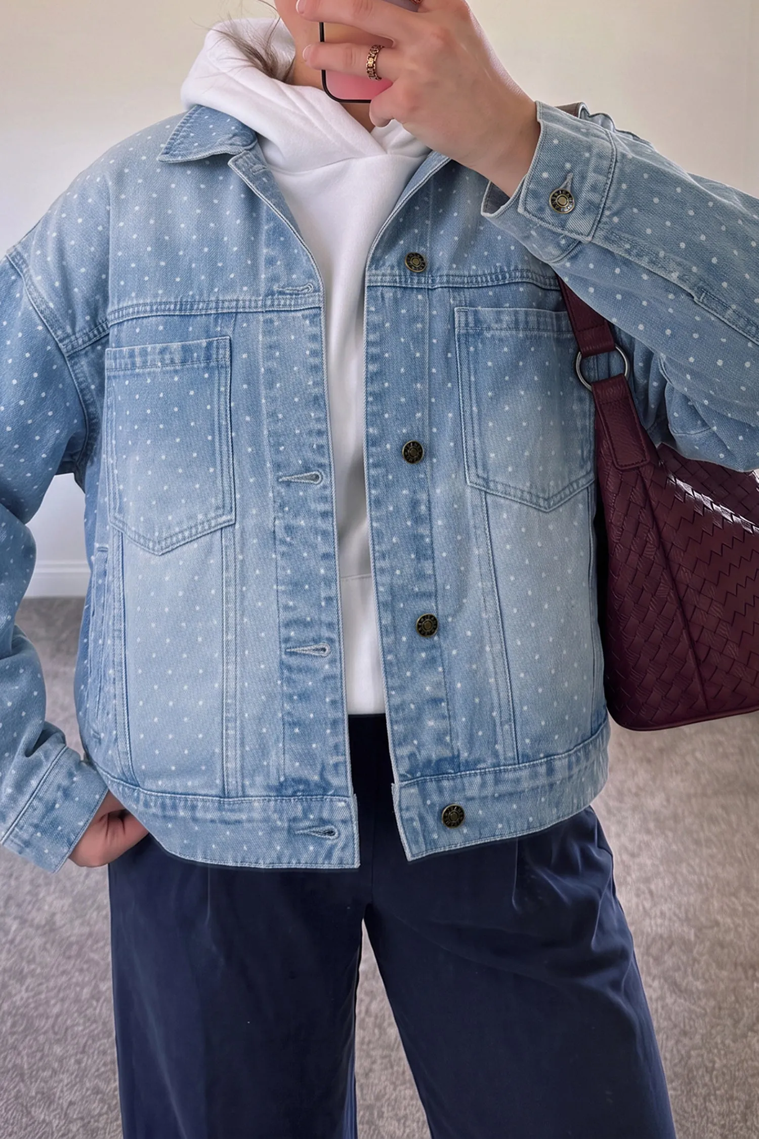 Sky Blue Polka Dot Long Sleeve Collar Pocket Casual Shift Silhouette Denim Jacket – Light Blue sold by Beagle Boutique product image thumbnail 5