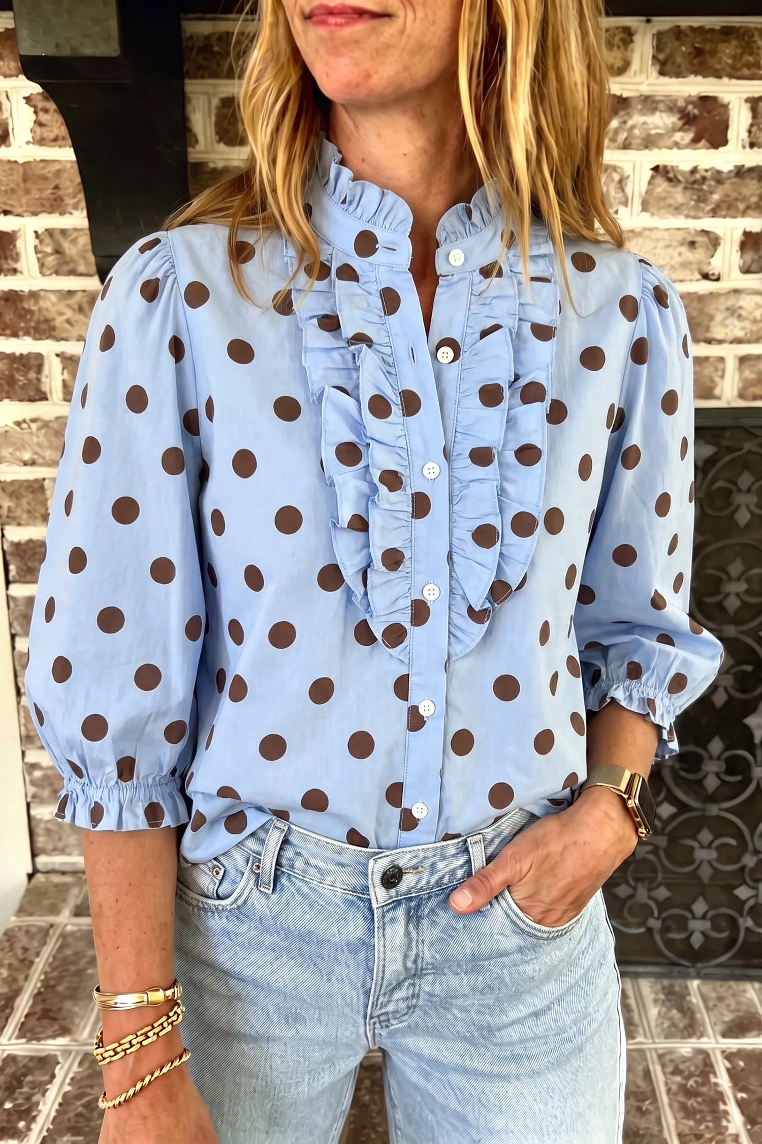 Polka Dot Striped Print Ruffle Stand Neck 3/4 Sleeve Shift Shirt – Fiery Red sold by Beagle Boutique product image thumbnail 4