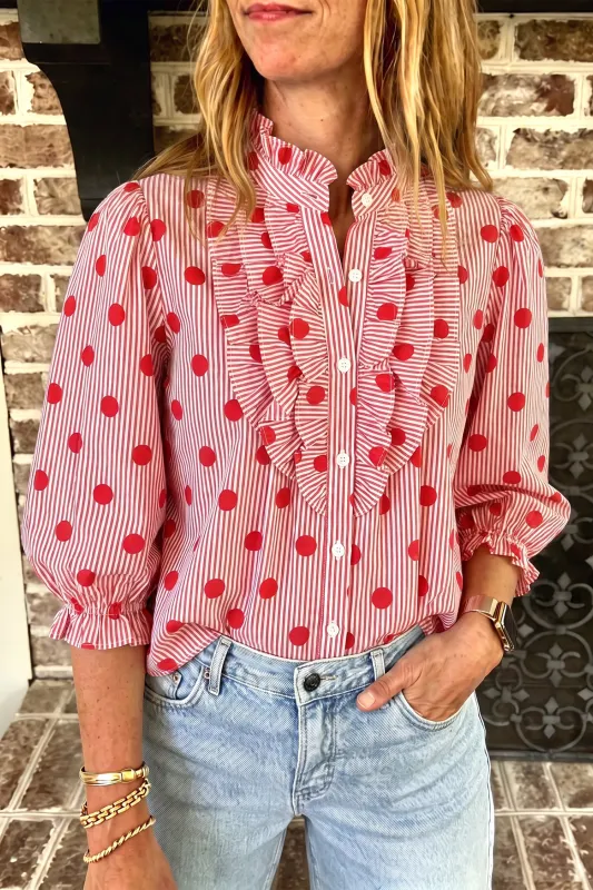 Polka Dot Striped Print Ruffle Stand Neck 3/4 Sleeve Shift Shirt – Fiery Red made by Beagle Boutique