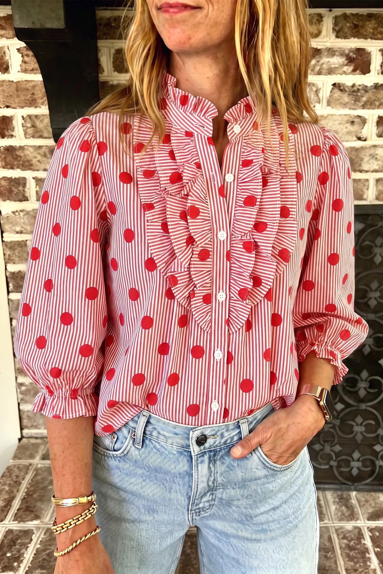 Polka Dot Striped Print Ruffle Stand Neck 3/4 Sleeve Shift Shirt – Fiery Red sold by Beagle Boutique