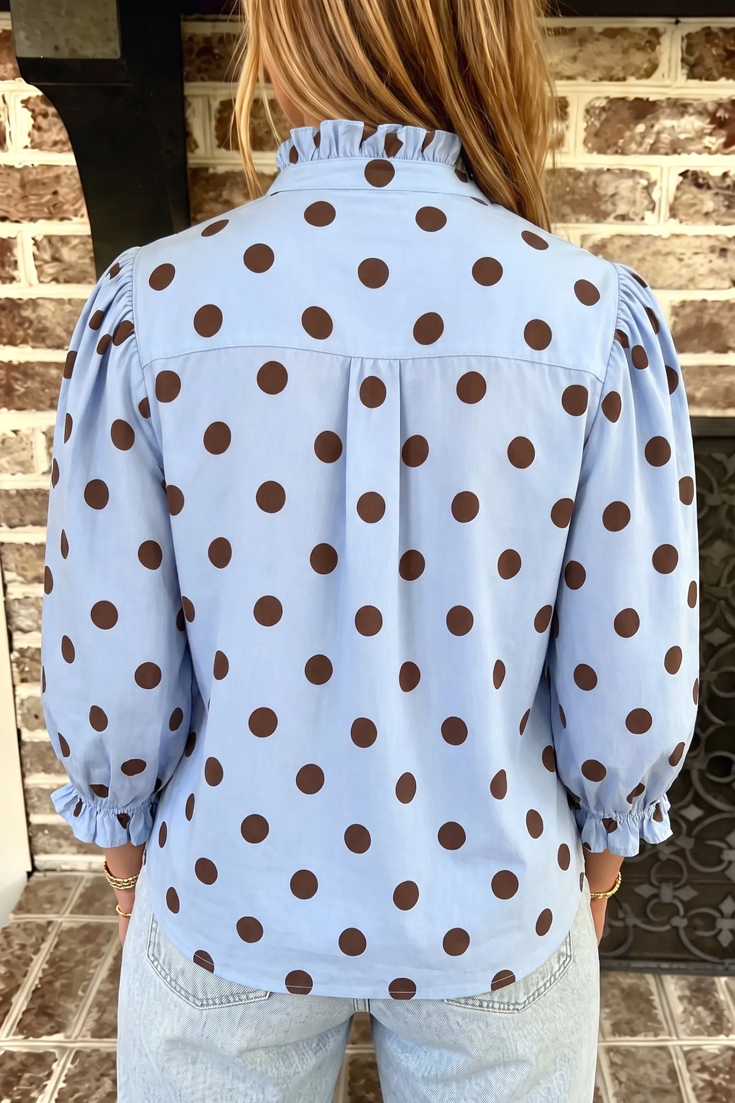 Polka Dot Striped Print Ruffle Stand Neck 3/4 Sleeve Shift Shirt – Fiery Red sold by Beagle Boutique product image thumbnail 5