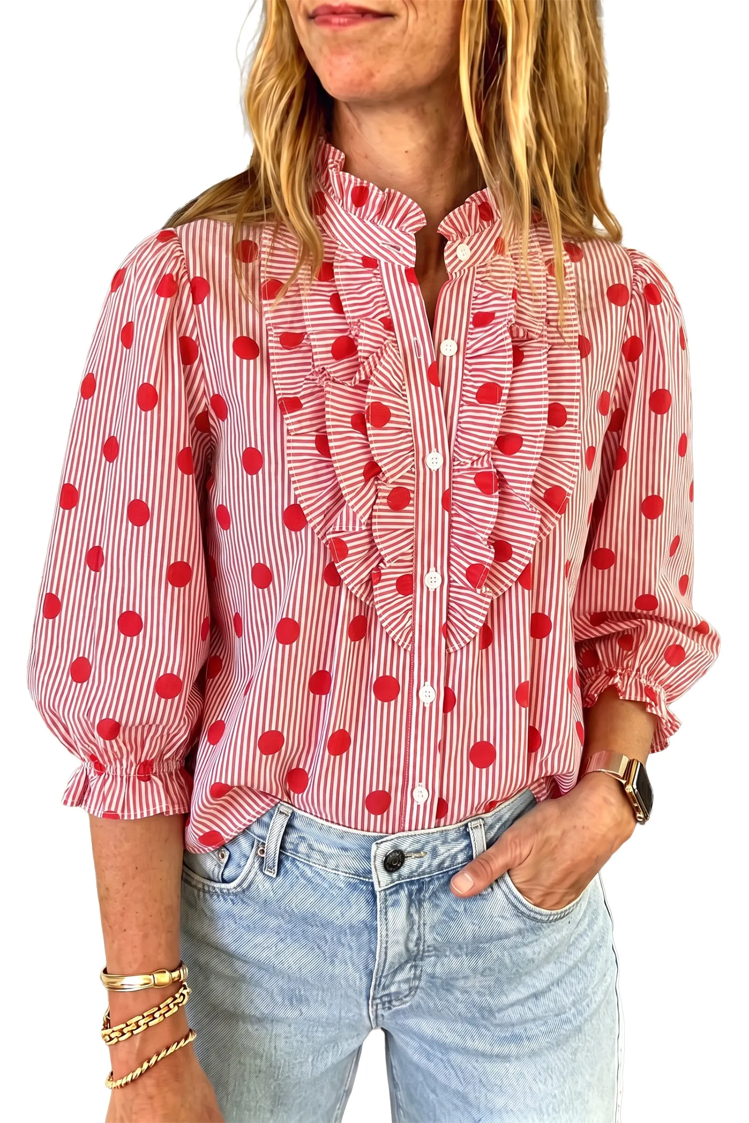 Polka Dot Striped Print Ruffle Stand Neck 3/4 Sleeve Shift Shirt – Fiery Red sold by Beagle Boutique product image thumbnail 3