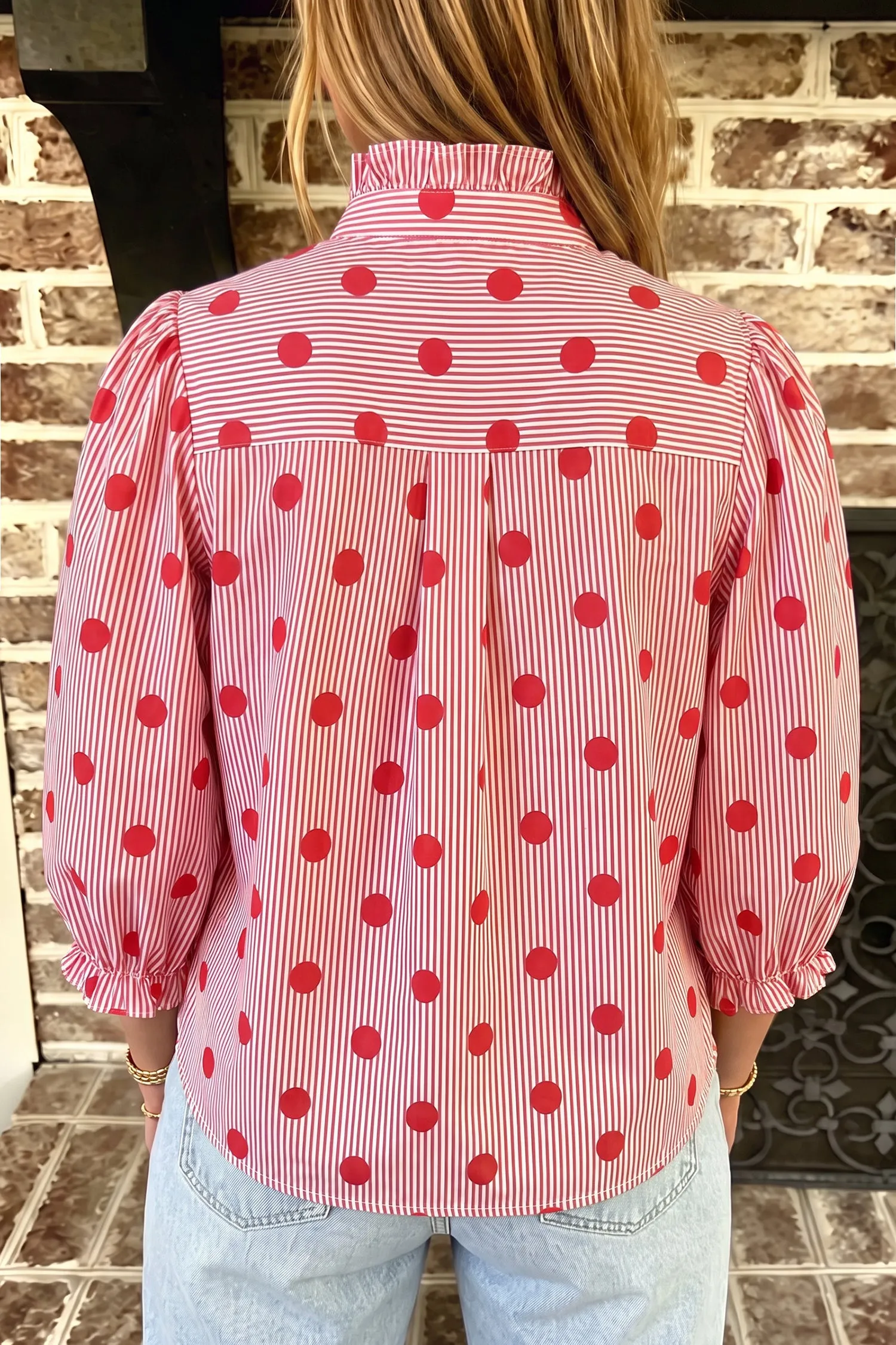 Polka Dot Striped Print Ruffle Stand Neck 3/4 Sleeve Shift Shirt – Fiery Red sold by Beagle Boutique product image thumbnail 2