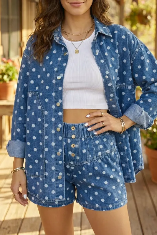 Polka Dot Long Sleeve Collar Shift Tunic Denim Jacket – Blue made by Beagle Boutique
