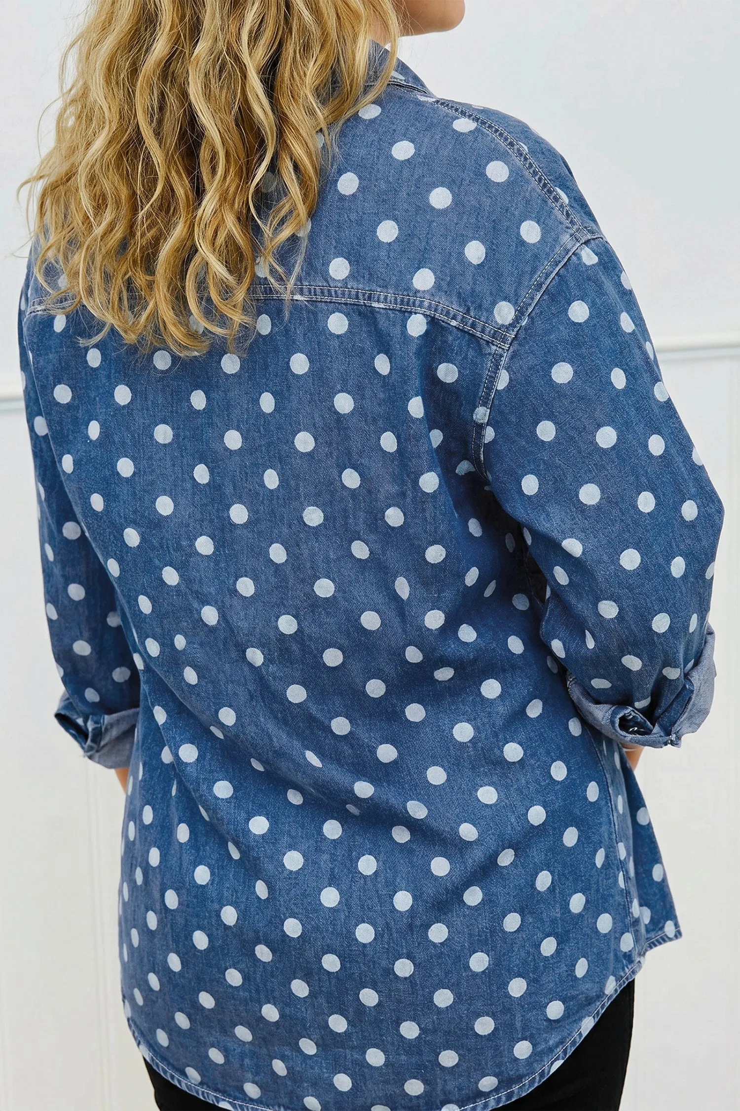 Polka Dot Long Sleeve Collar Shift Tunic Denim Jacket – Blue sold by Beagle Boutique product image thumbnail 5