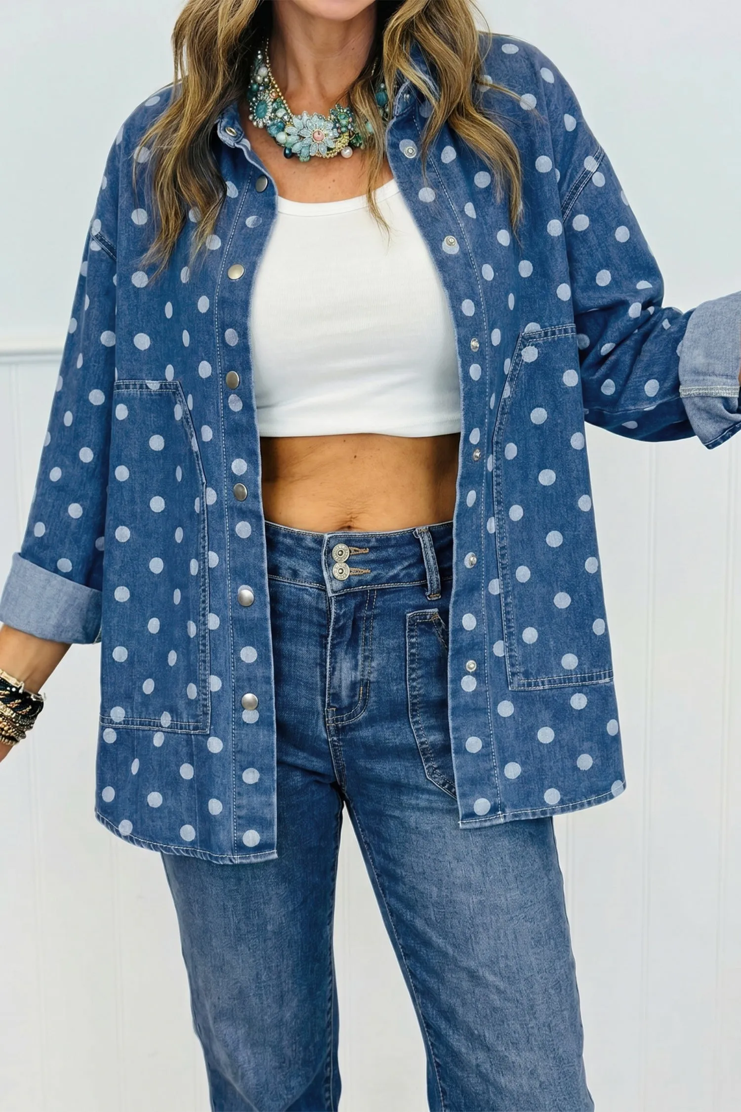 Polka Dot Long Sleeve Collar Shift Tunic Denim Jacket – Blue sold by Beagle Boutique product image thumbnail 4