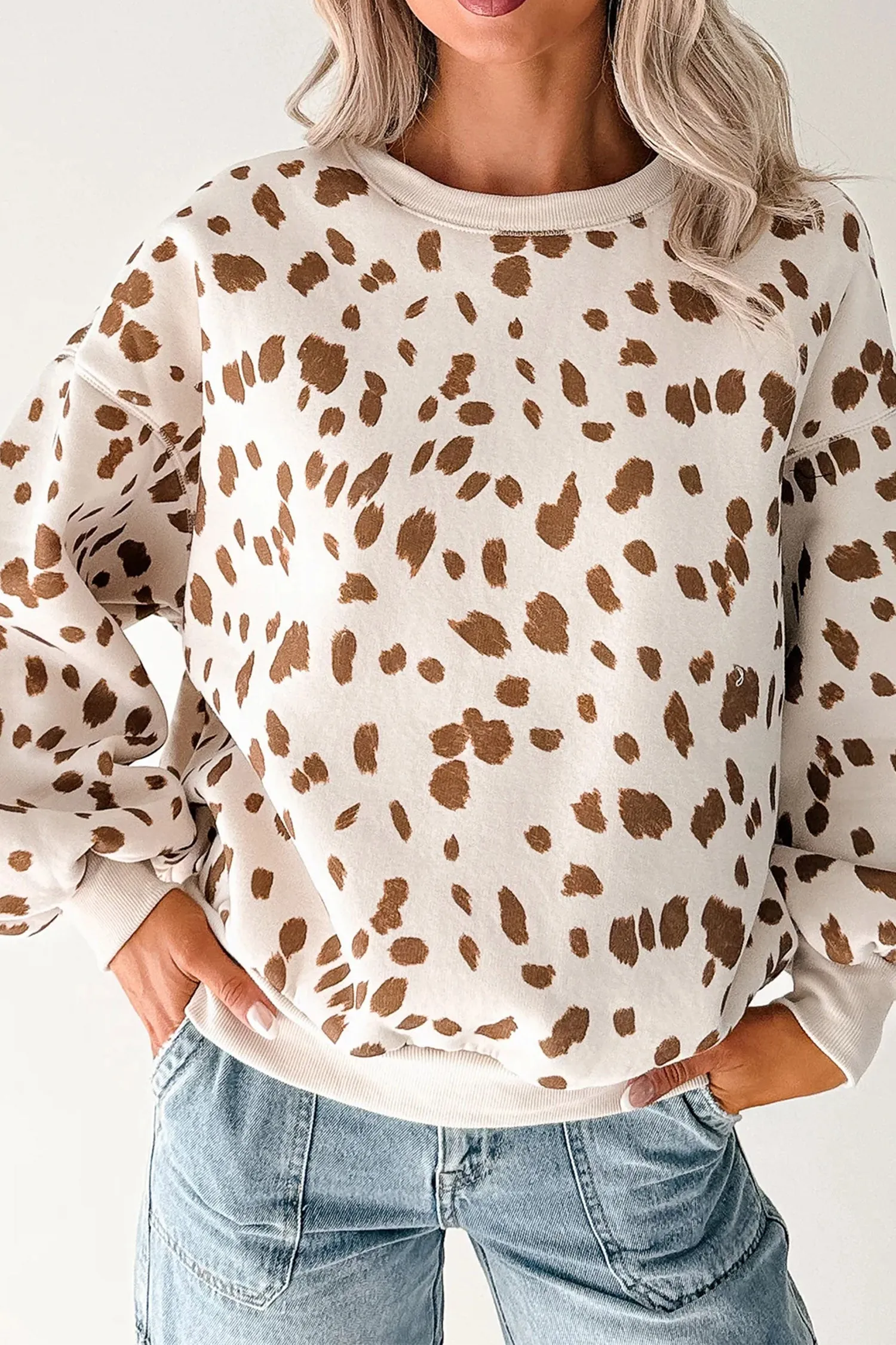 Leopard Print Dropped Shoulder Round Neck Casual Sweatshirt – Brown sold by Beagle Boutique product image thumbnail 3