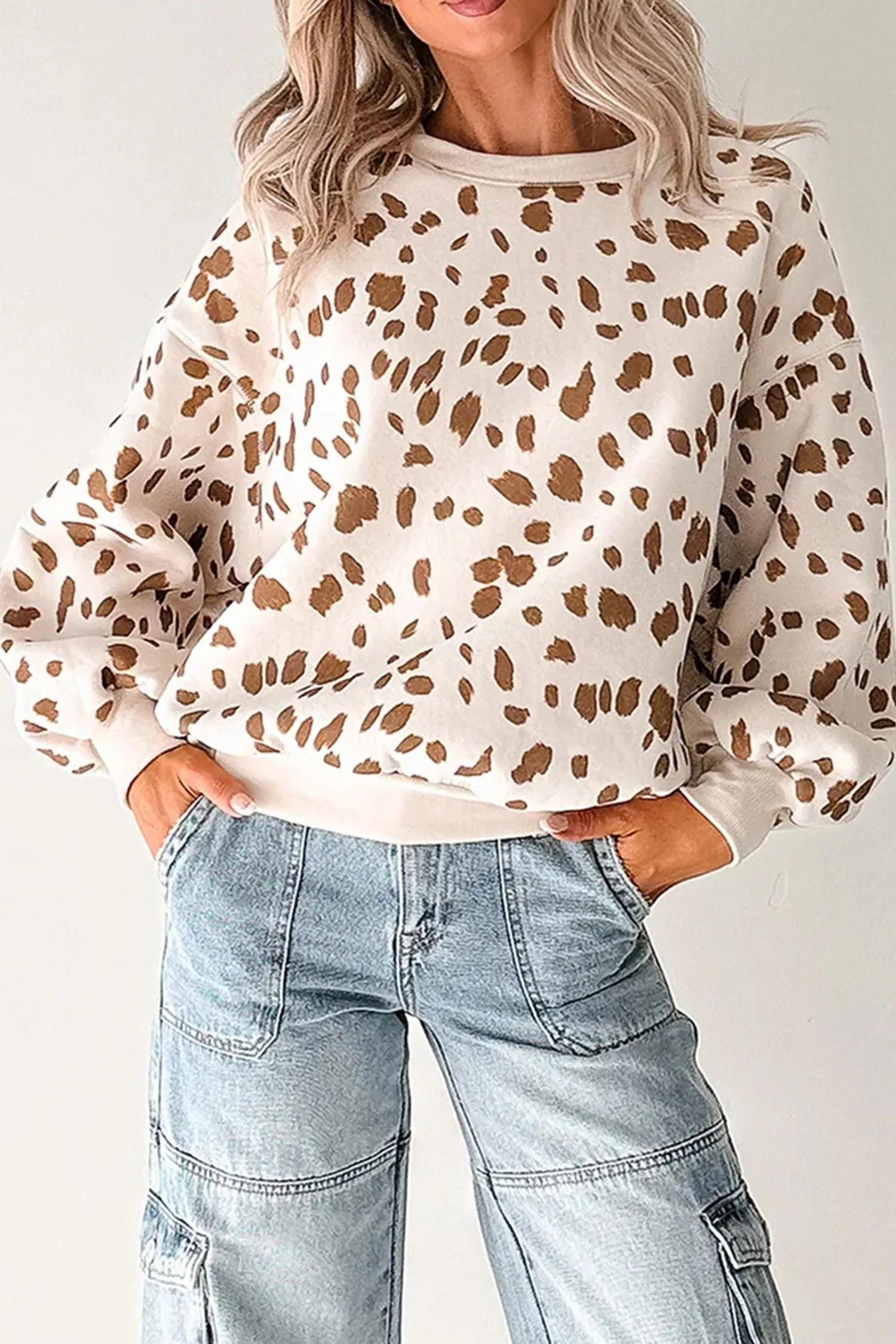 Leopard Print Dropped Shoulder Round Neck Casual Sweatshirt – Brown sold by Beagle Boutique product image thumbnail 4