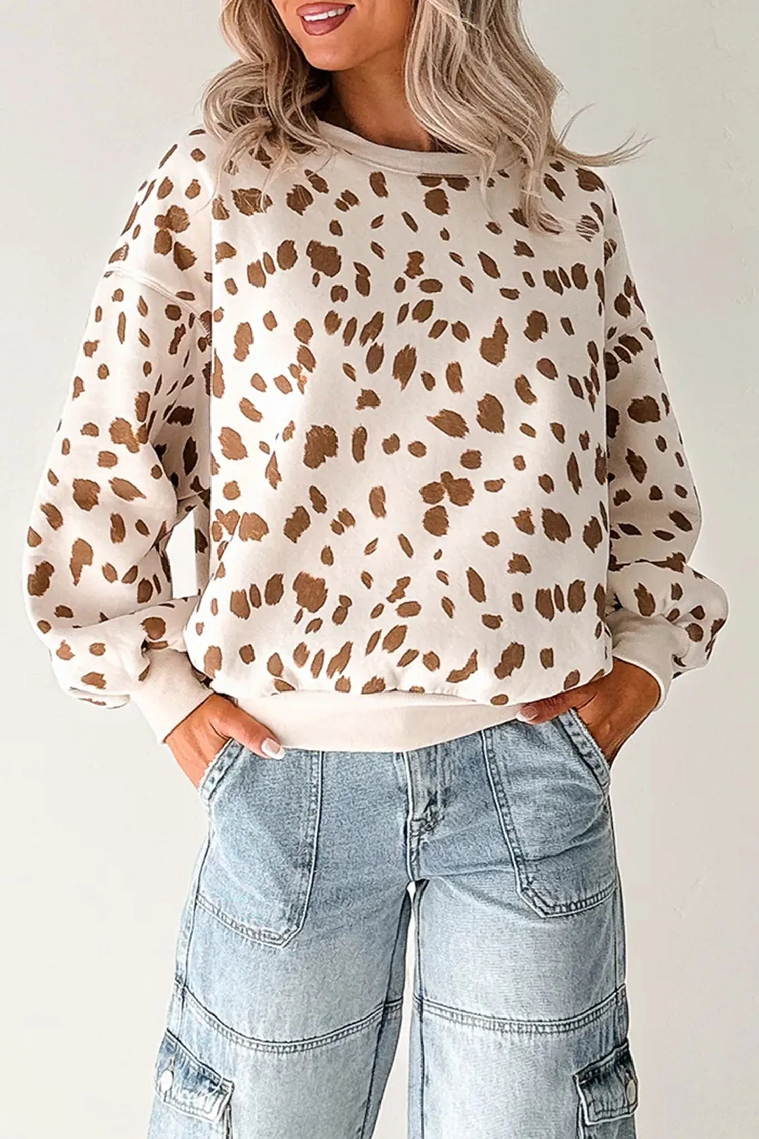 Leopard Print Dropped Shoulder Round Neck Casual Sweatshirt – Brown sold by Beagle Boutique product image thumbnail 2