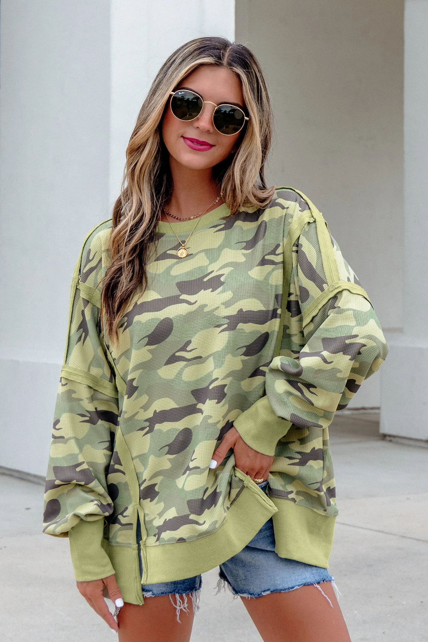 Camouflage Waffle Knit Raw Edge Contrast Trim Oversized Long Sleeve Top – Green sold by Beagle Boutique product image thumbnail 3