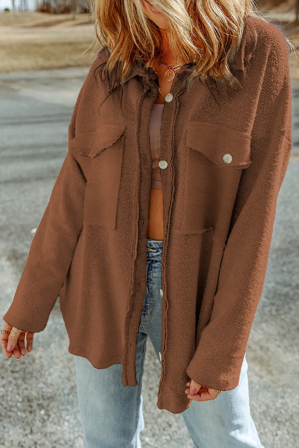Exposed Seam Terry Patchwork Shacket – Brown sold by Beagle Boutique product image thumbnail 3