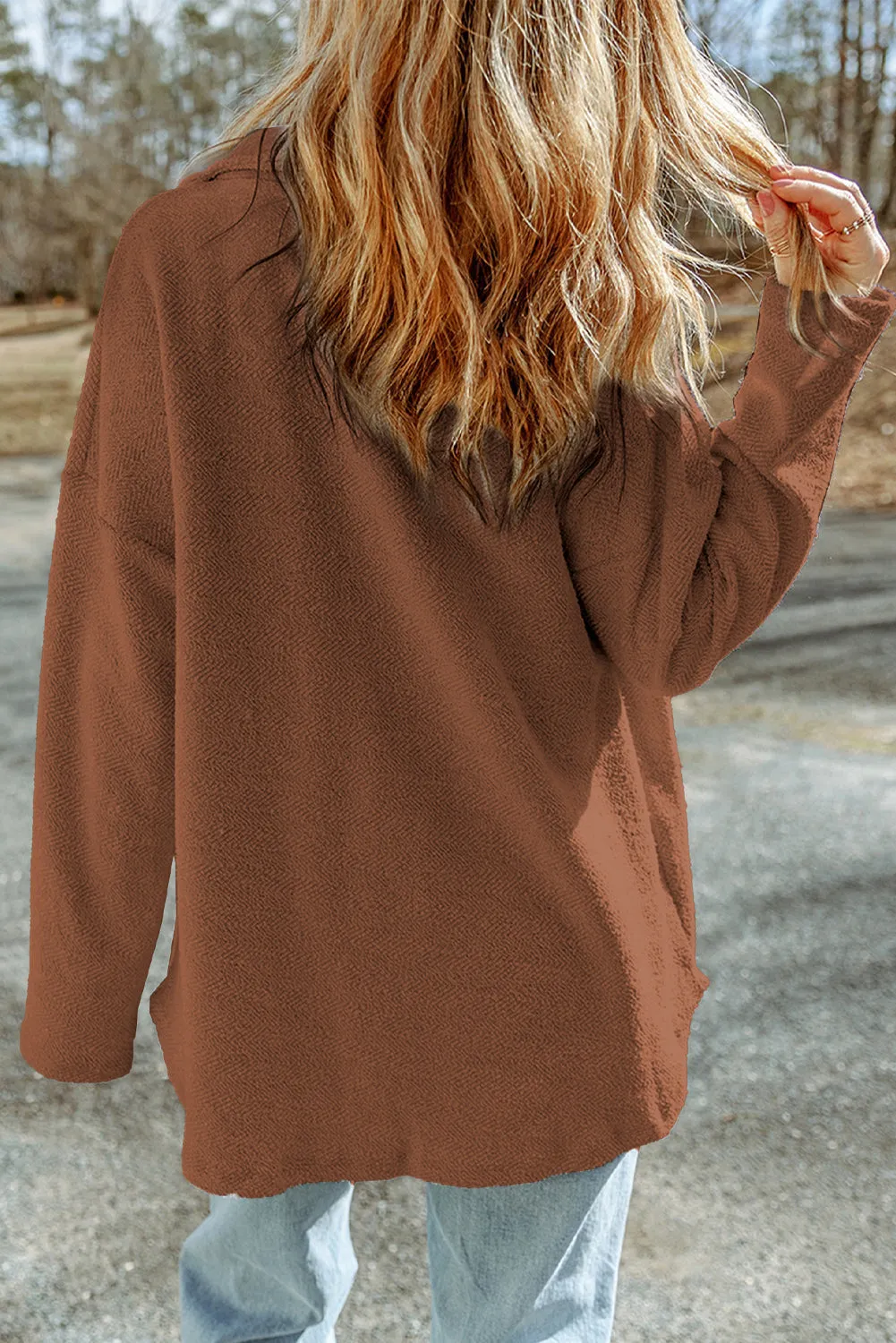 Exposed Seam Terry Patchwork Shacket – Brown sold by Beagle Boutique product image thumbnail 2