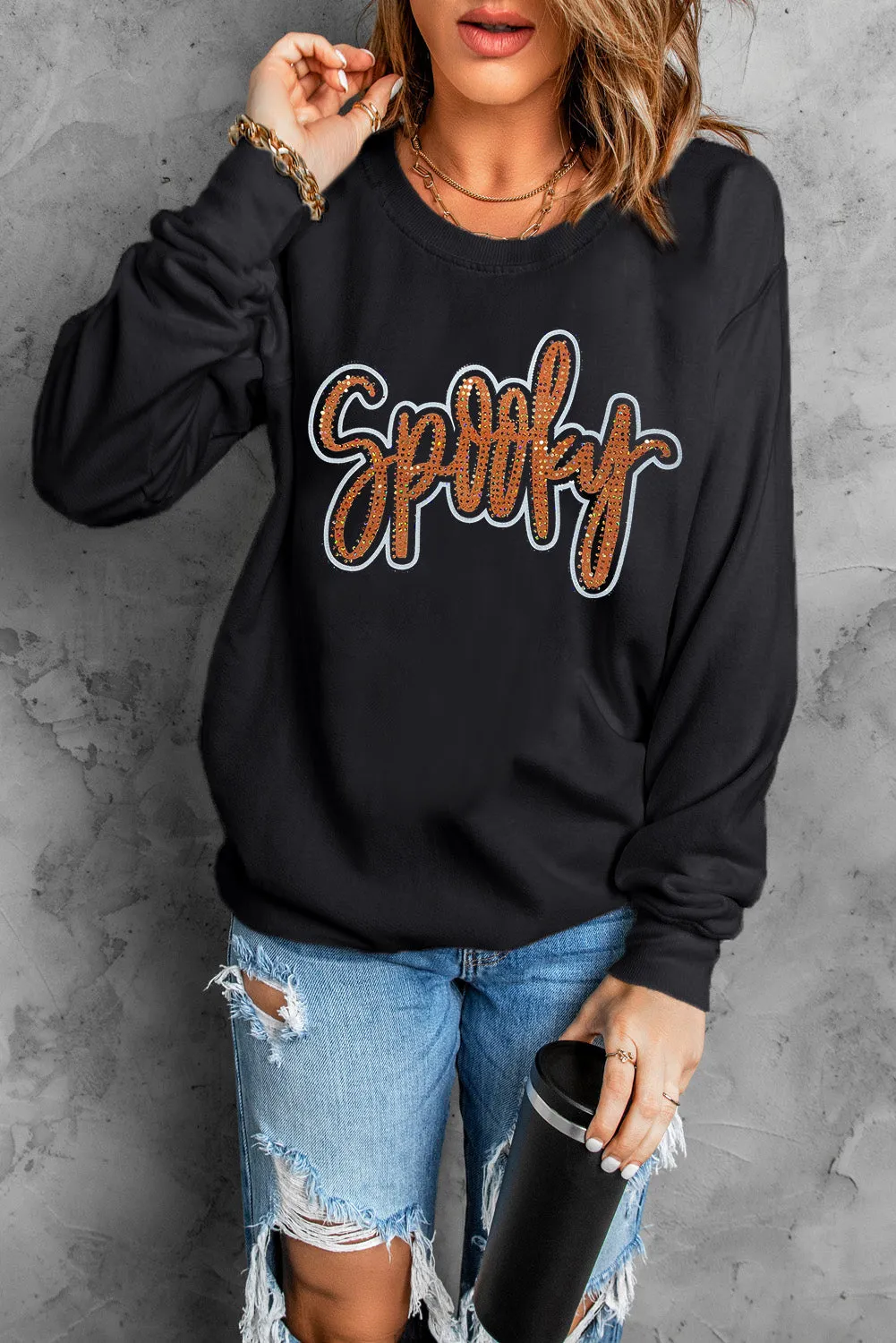 Spooky Rhinestone Drop Shoulder Graphic Sweatshirt – Black sold by Beagle Boutique product image thumbnail 5