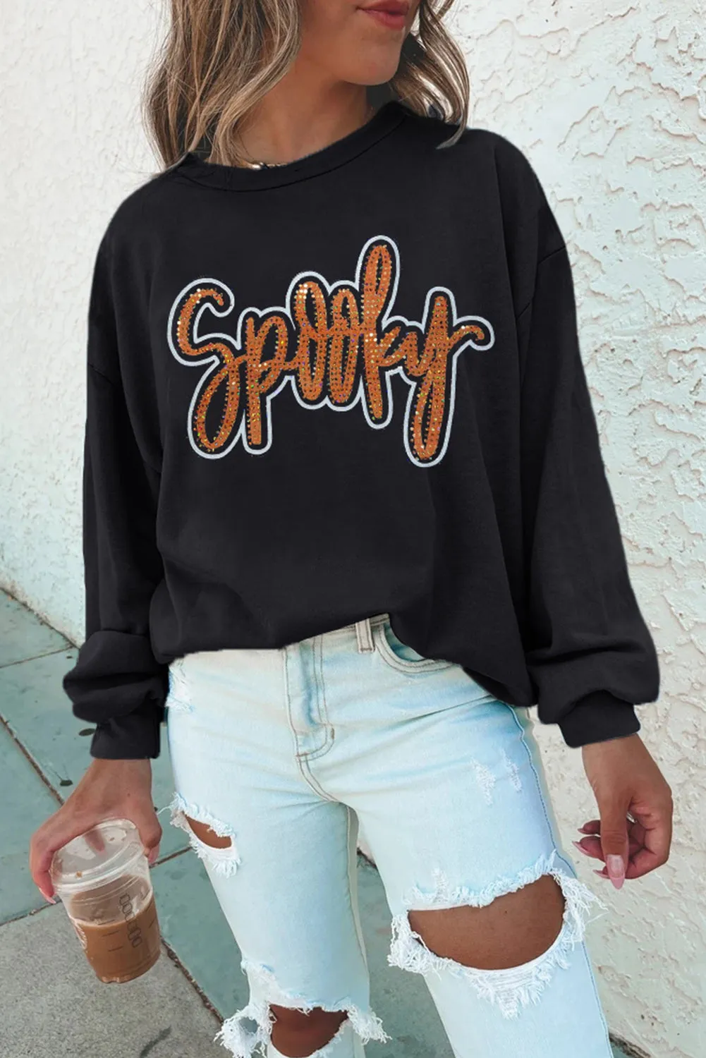 Spooky Rhinestone Drop Shoulder Graphic Sweatshirt – Black sold by Beagle Boutique
