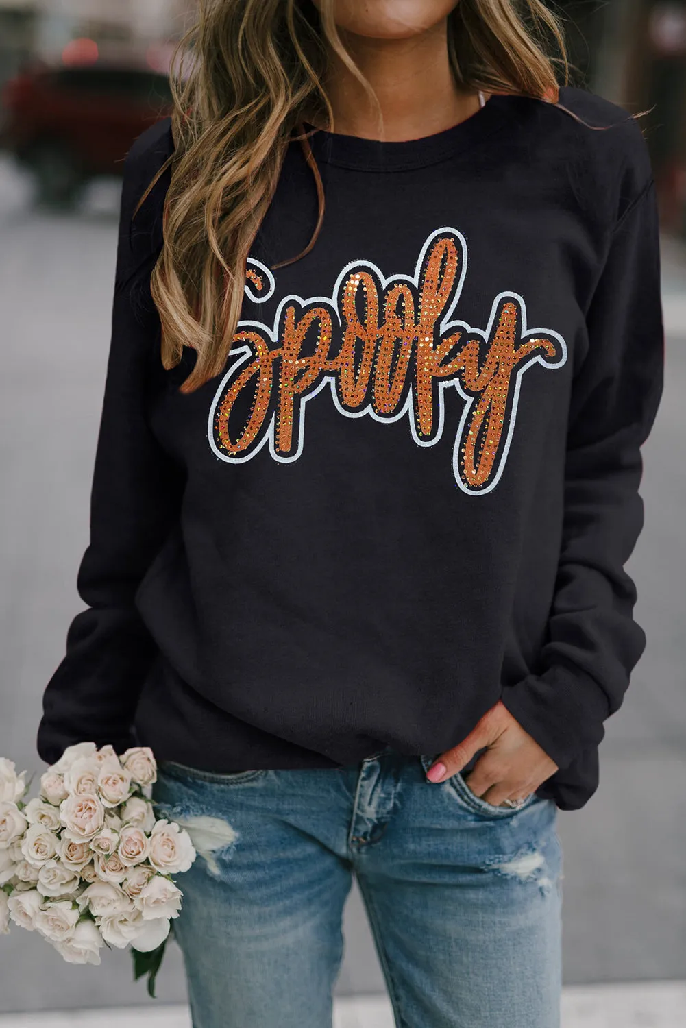Spooky Rhinestone Drop Shoulder Graphic Sweatshirt – Black sold by Beagle Boutique product image thumbnail 3