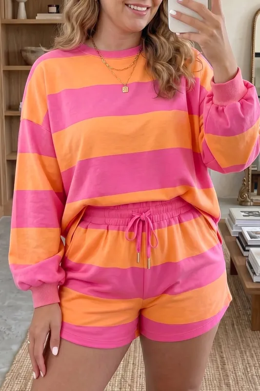 Plus Size Horizontal Colour Block Long Sleeve Top Drawstring Short Set – Pink Stripe made by Beagle Boutique