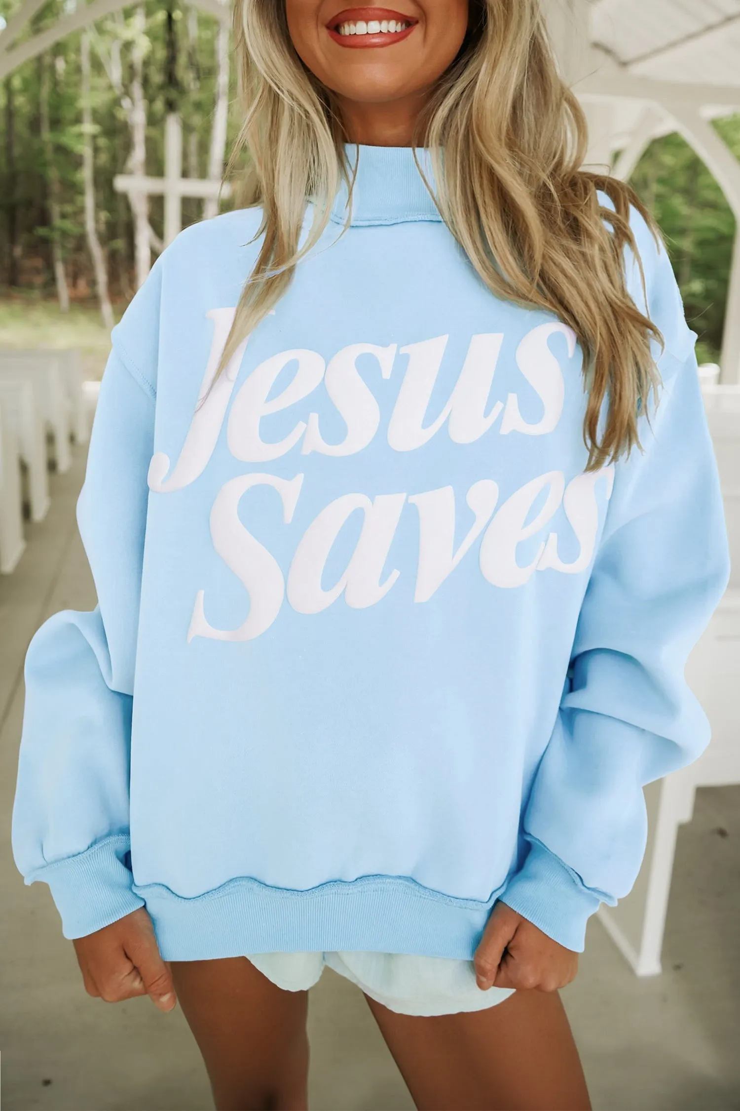 Jesus Saves Slogan Print Stand Neck Baggy Sweatshirt – Mist Blue sold by Beagle Boutique product image thumbnail 2