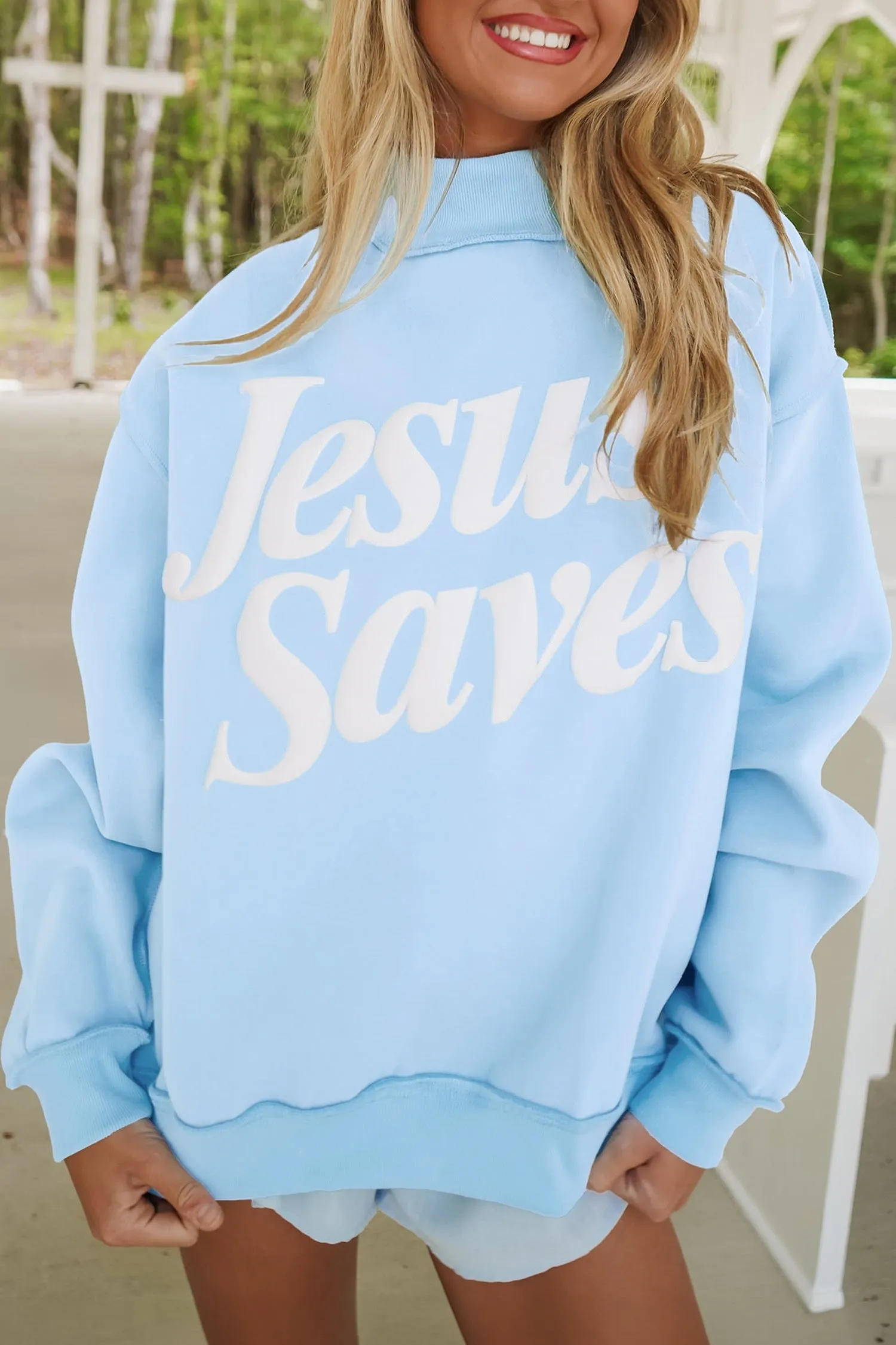Jesus Saves Slogan Print Stand Neck Baggy Sweatshirt – Mist Blue sold by Beagle Boutique