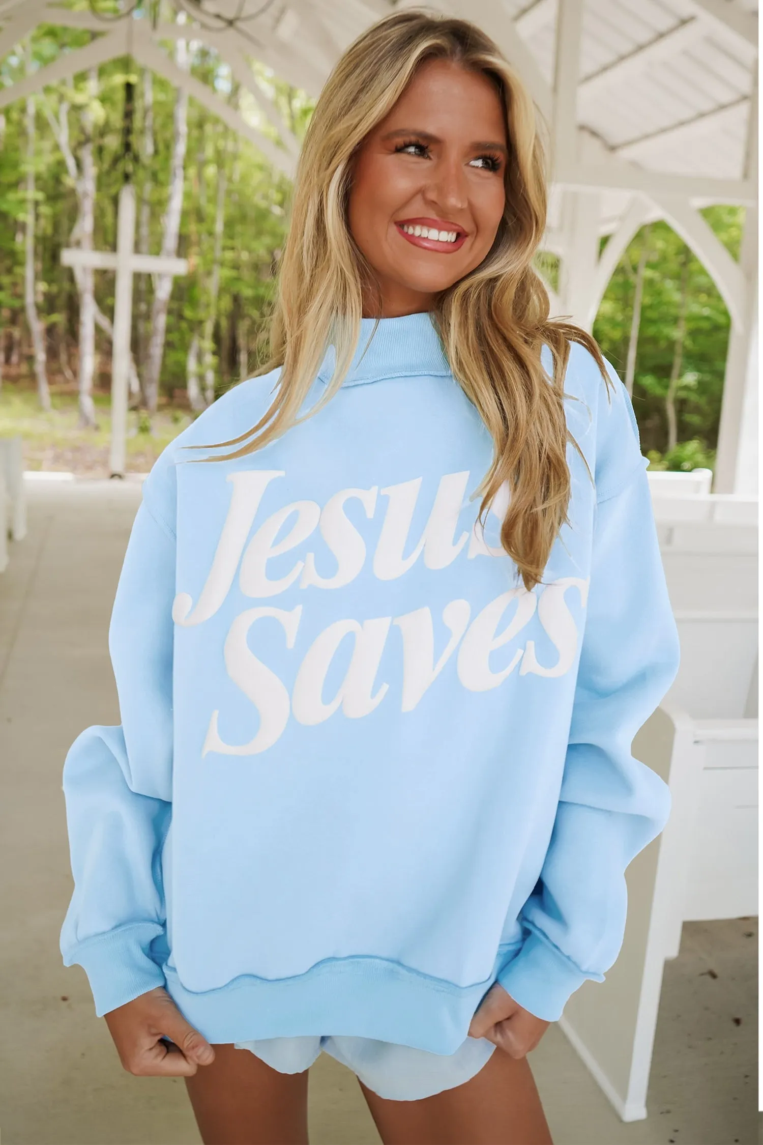 Jesus Saves Slogan Print Stand Neck Baggy Sweatshirt – Mist Blue sold by Beagle Boutique product image thumbnail 3