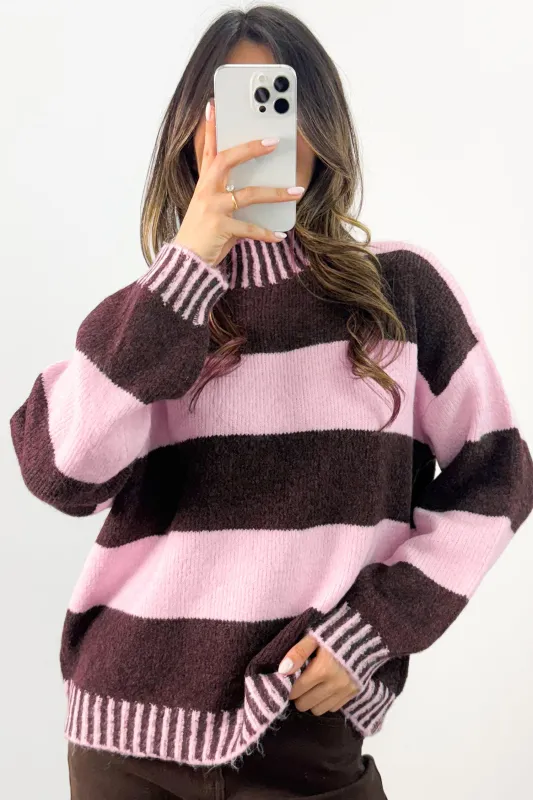 Contrast High Neck Dropped Shoulder Relaxed Pullover Sweater – Pink Stripe made by Beagle Boutique