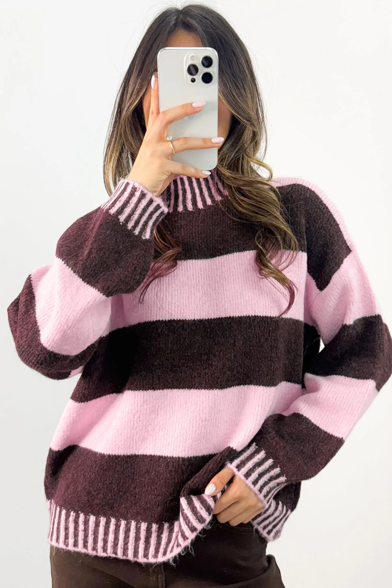 Contrast High Neck Dropped Shoulder Relaxed Pullover Sweater – Pink Stripe sold by Beagle Boutique