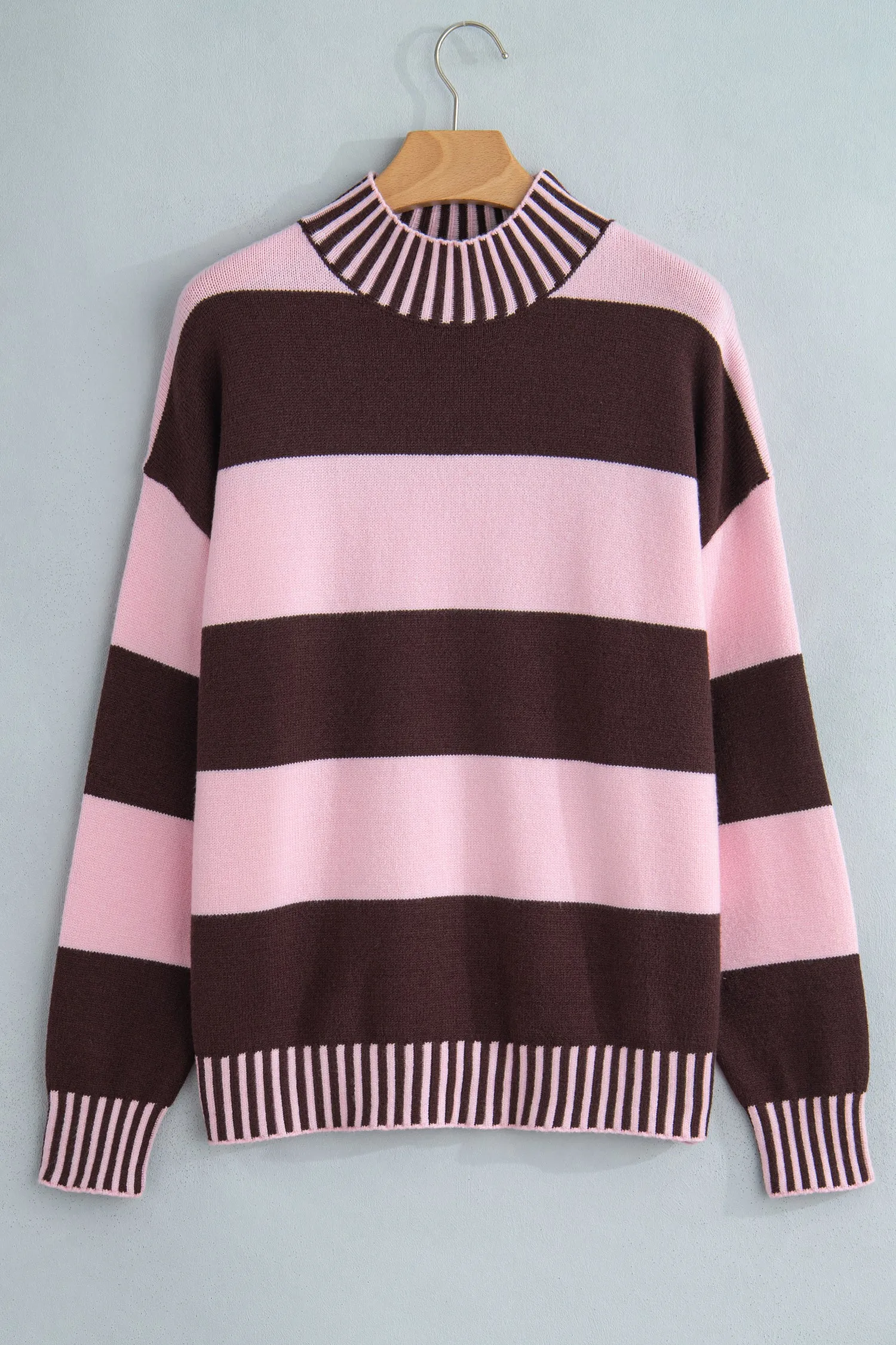 Contrast High Neck Dropped Shoulder Relaxed Pullover Sweater – Pink Stripe sold by Beagle Boutique product image thumbnail 4