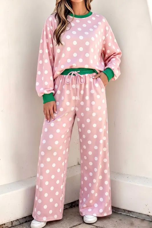 Polka Dot Contrast Trim Long Sleeve Top Drawstring Shift Pants Set – Pink made by Beagle Boutique
