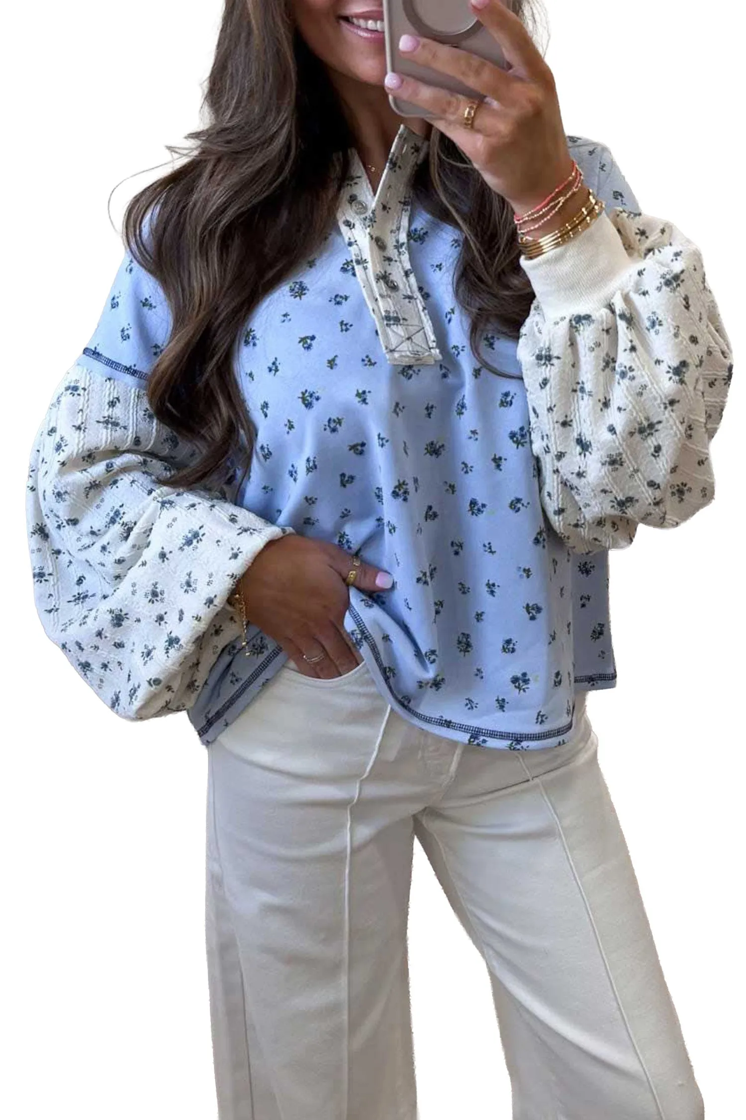 Sky Blue Floral Print Contrast Long Sleeve Tops – Light Blue sold by Beagle Boutique product image thumbnail 4