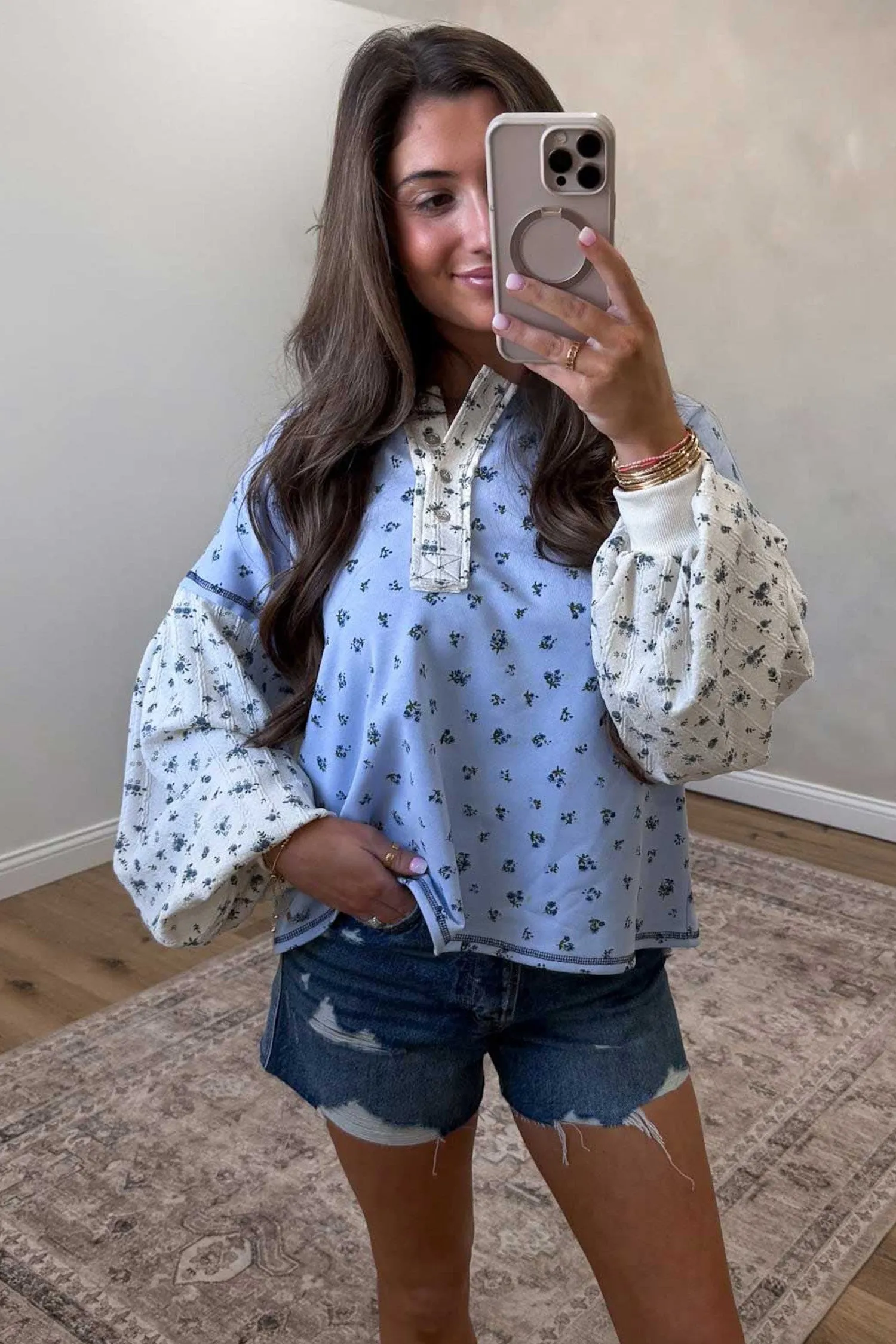 Sky Blue Floral Print Contrast Long Sleeve Tops – Light Blue sold by Beagle Boutique product image thumbnail 3