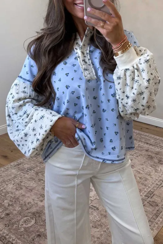 Sky Blue Floral Print Contrast Long Sleeve Tops – Light Blue made by Beagle Boutique