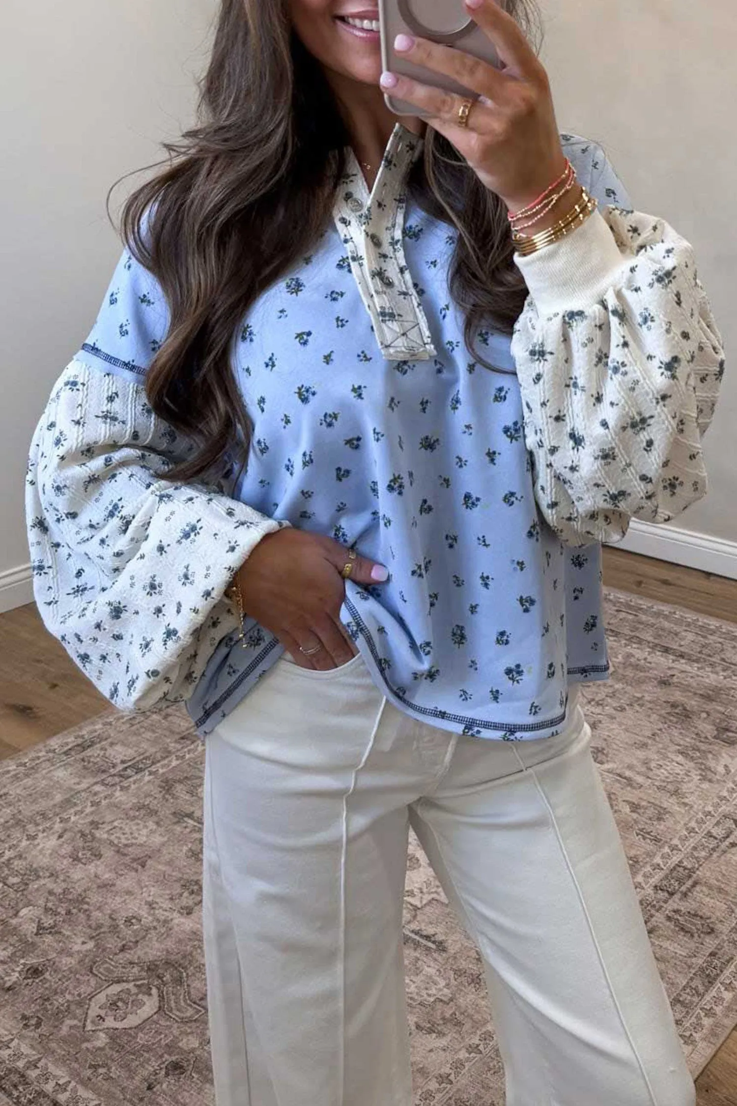 Sky Blue Floral Print Contrast Long Sleeve Tops – Light Blue sold by Beagle Boutique