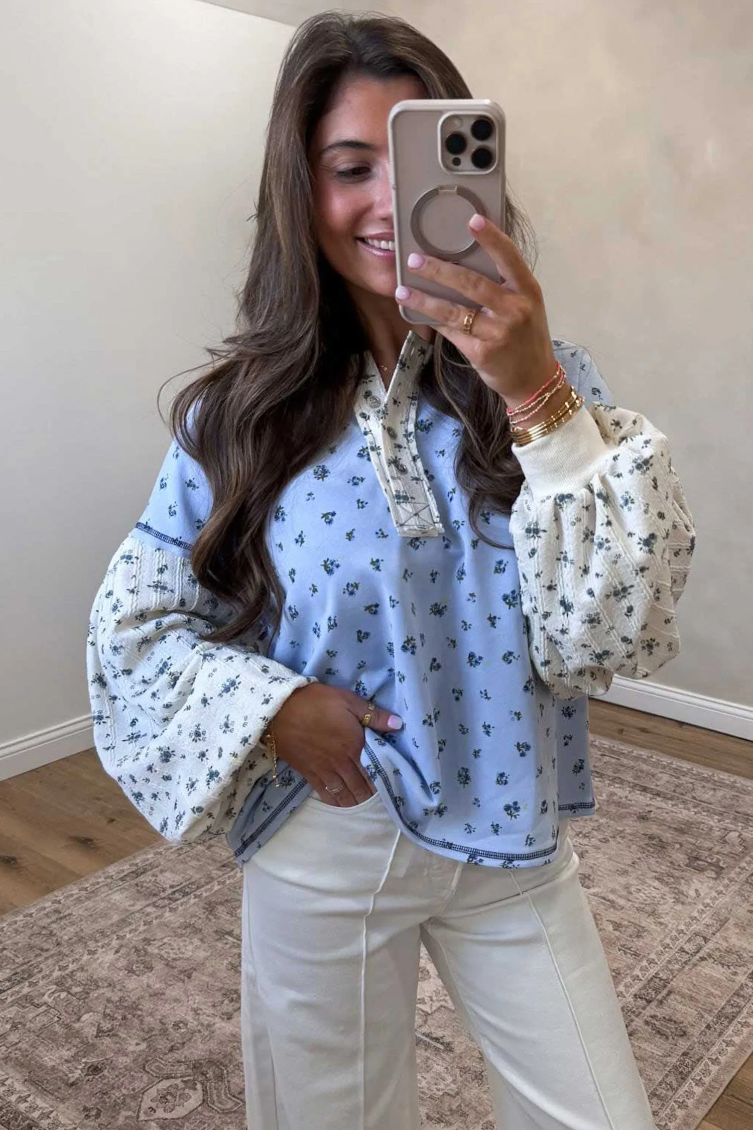 Sky Blue Floral Print Contrast Long Sleeve Tops – Light Blue sold by Beagle Boutique product image thumbnail 2